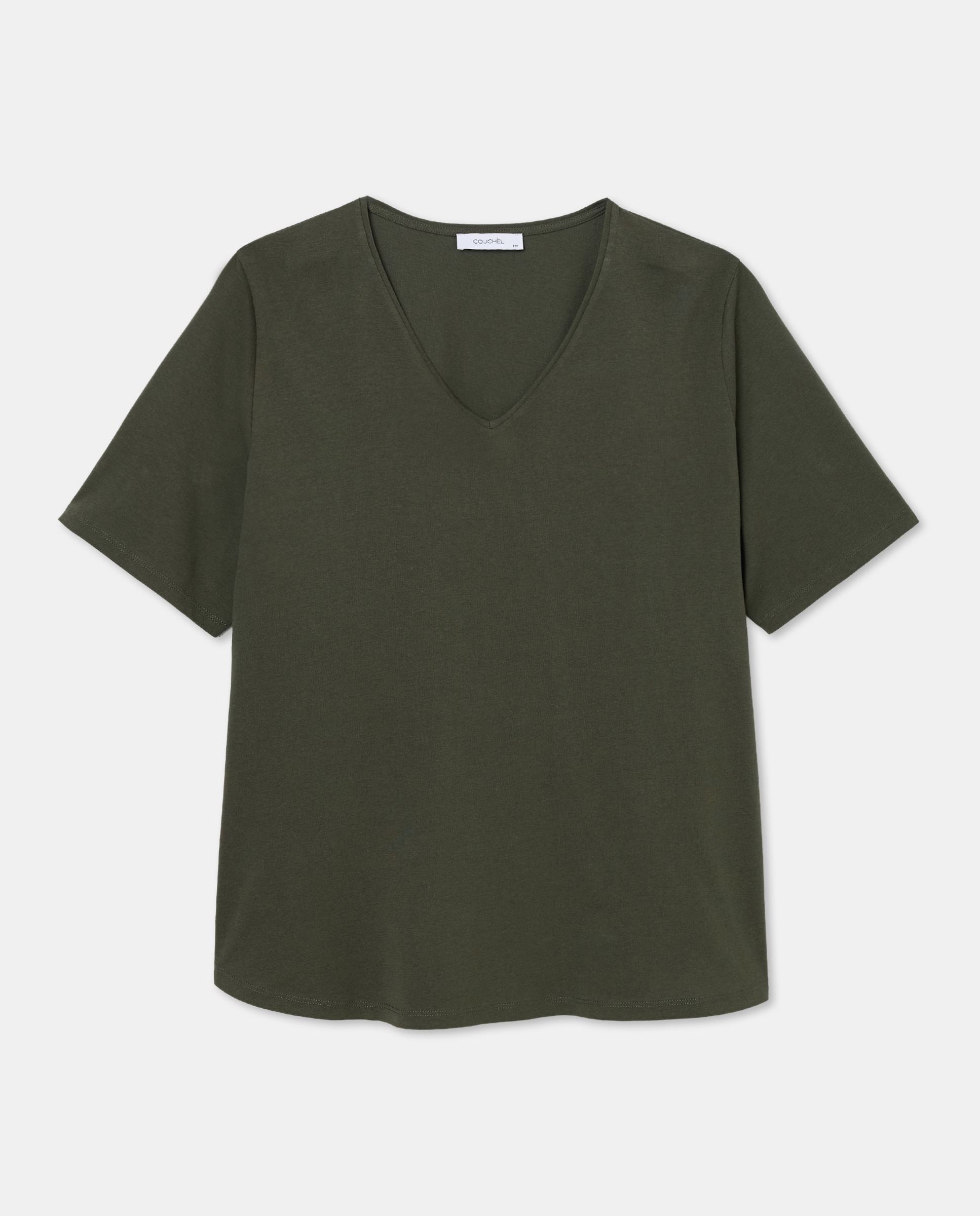 T-shirt com decote em bico e manga curta 520 Caqui-4