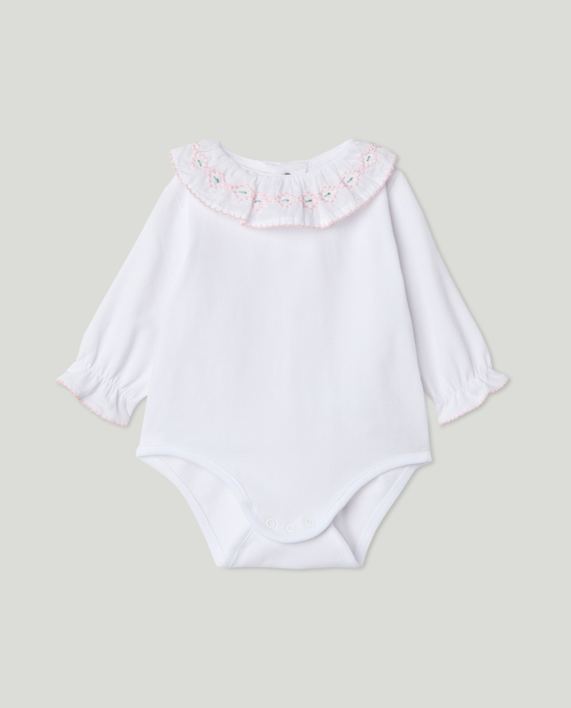 Body de Manga Comprida de Bebé com Gola com Smock à Máquina Branco-1