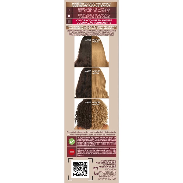 tinte rubio caramelo para cabello castaño oscuro SA2 aclara 4 tonos sin decoloración