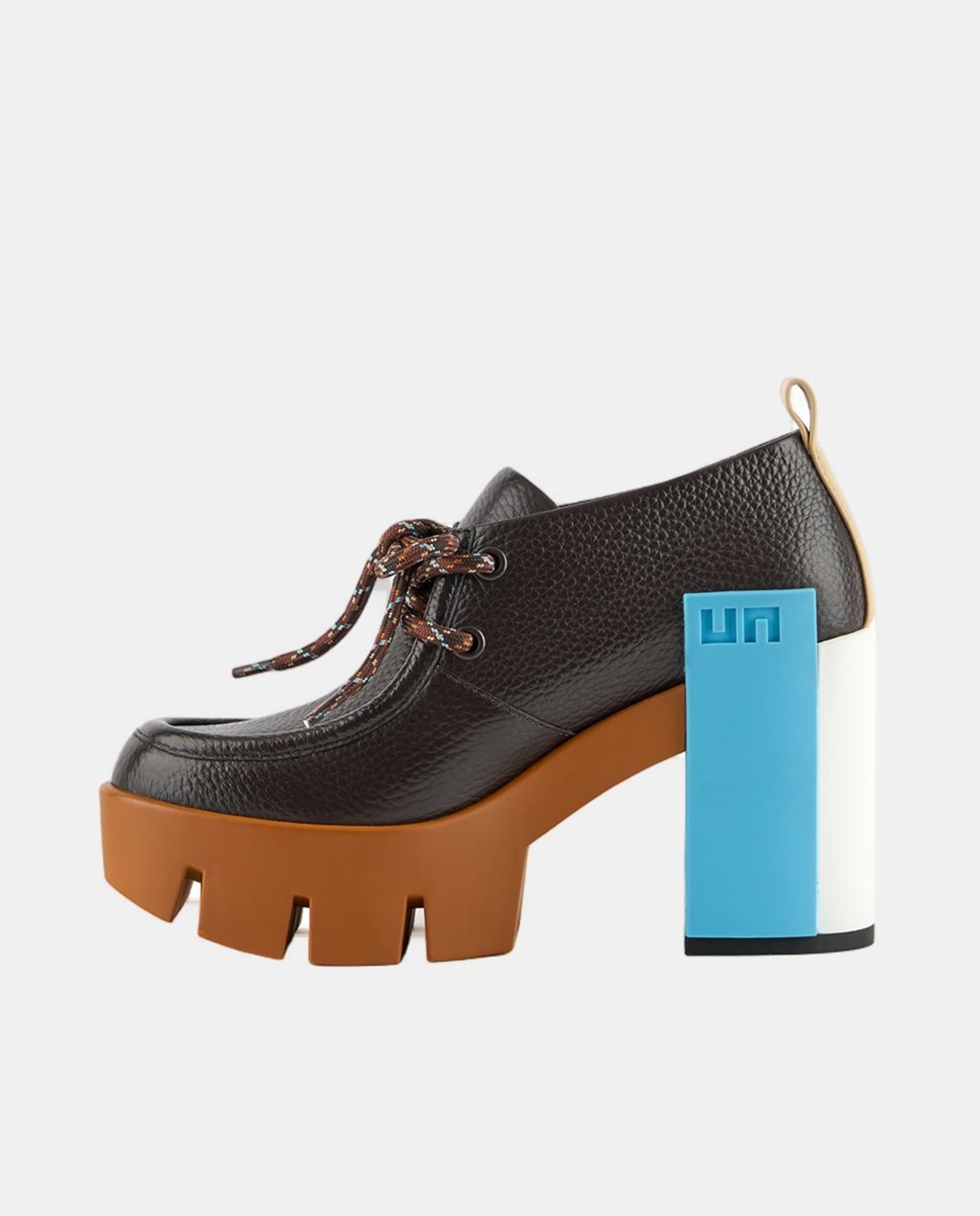 Sapatos de Atacadores em Pele com Plataforma e Salto de Bloco Castanho-6