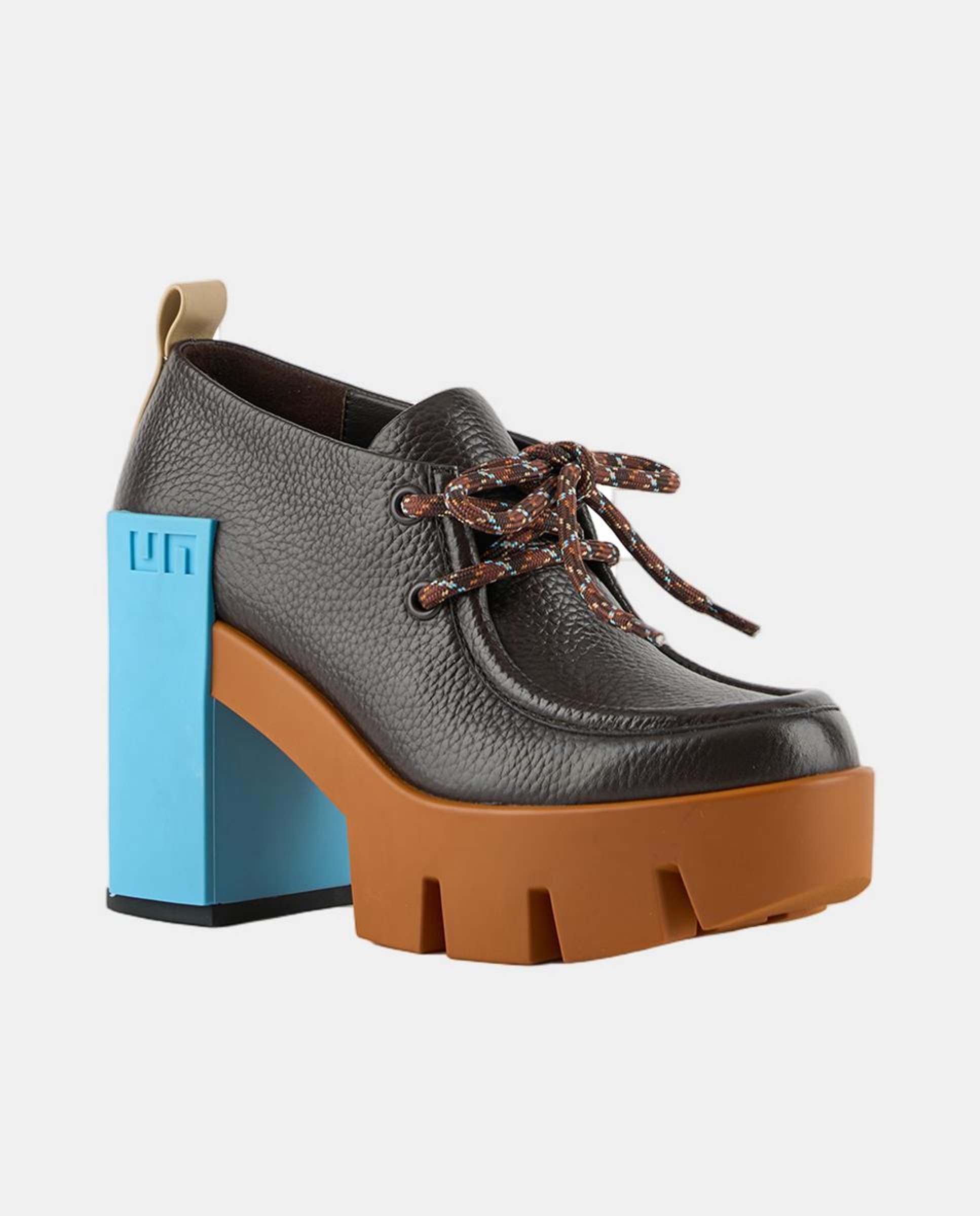 Sapatos de Atacadores em Pele com Plataforma e Salto de Bloco Castanho-4