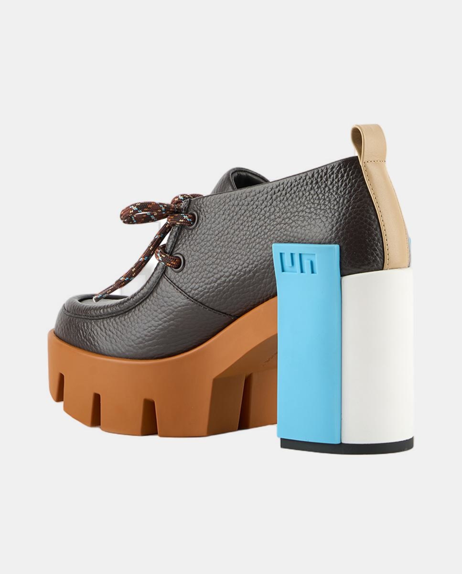 Sapatos de Atacadores em Pele com Plataforma e Salto de Bloco Castanho-3