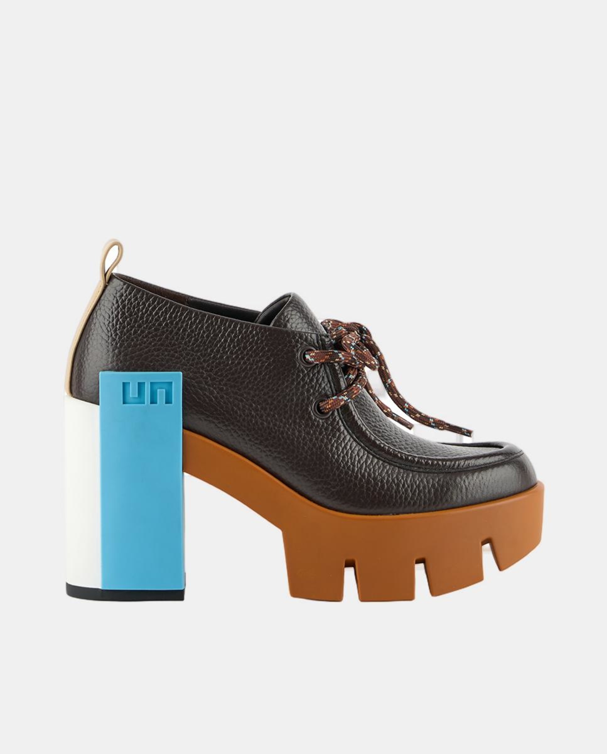 Sapatos de Atacadores em Pele com Plataforma e Salto de Bloco Castanho-1