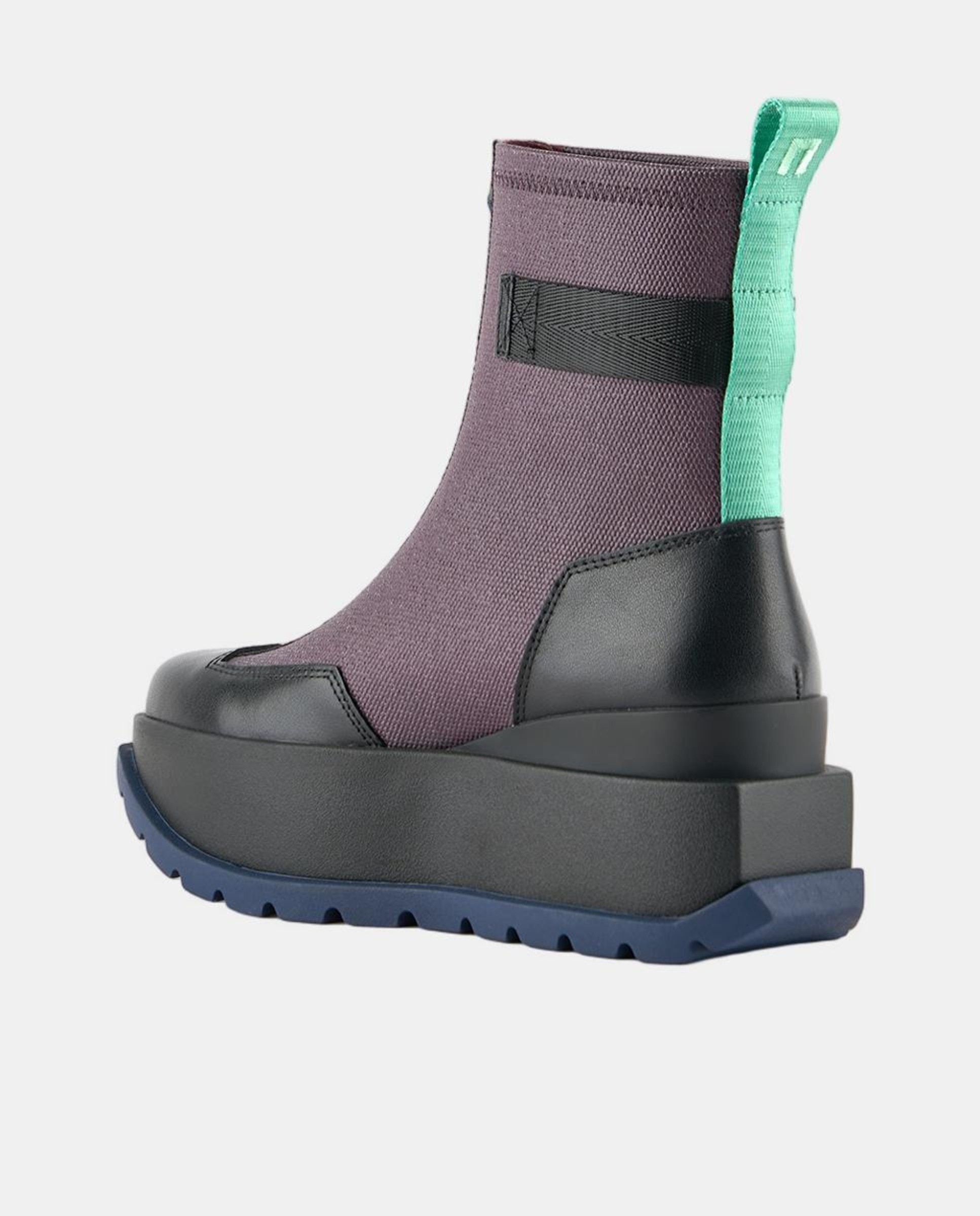 Botins com Fecho de Correr à Frente e Detalhes em Pele e Lona com Plataforma Beringela-6
