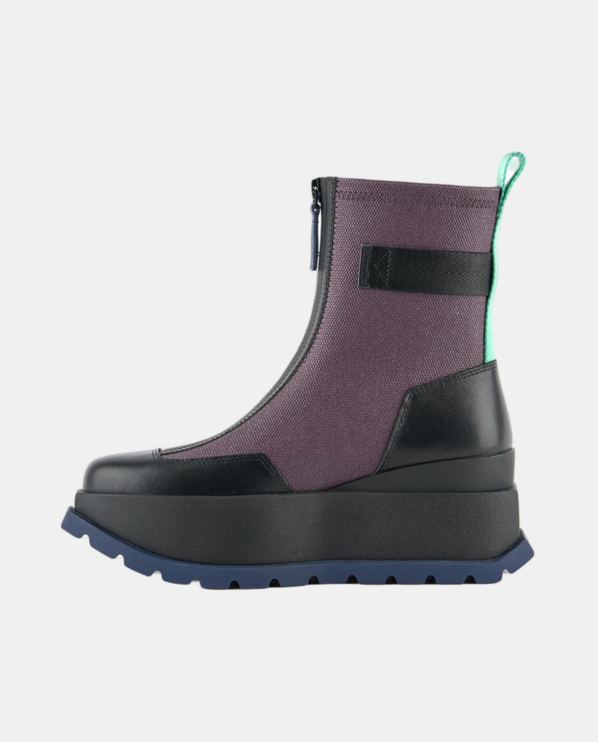 Botins com Fecho de Correr à Frente e Detalhes em Pele e Lona com Plataforma Beringela-4