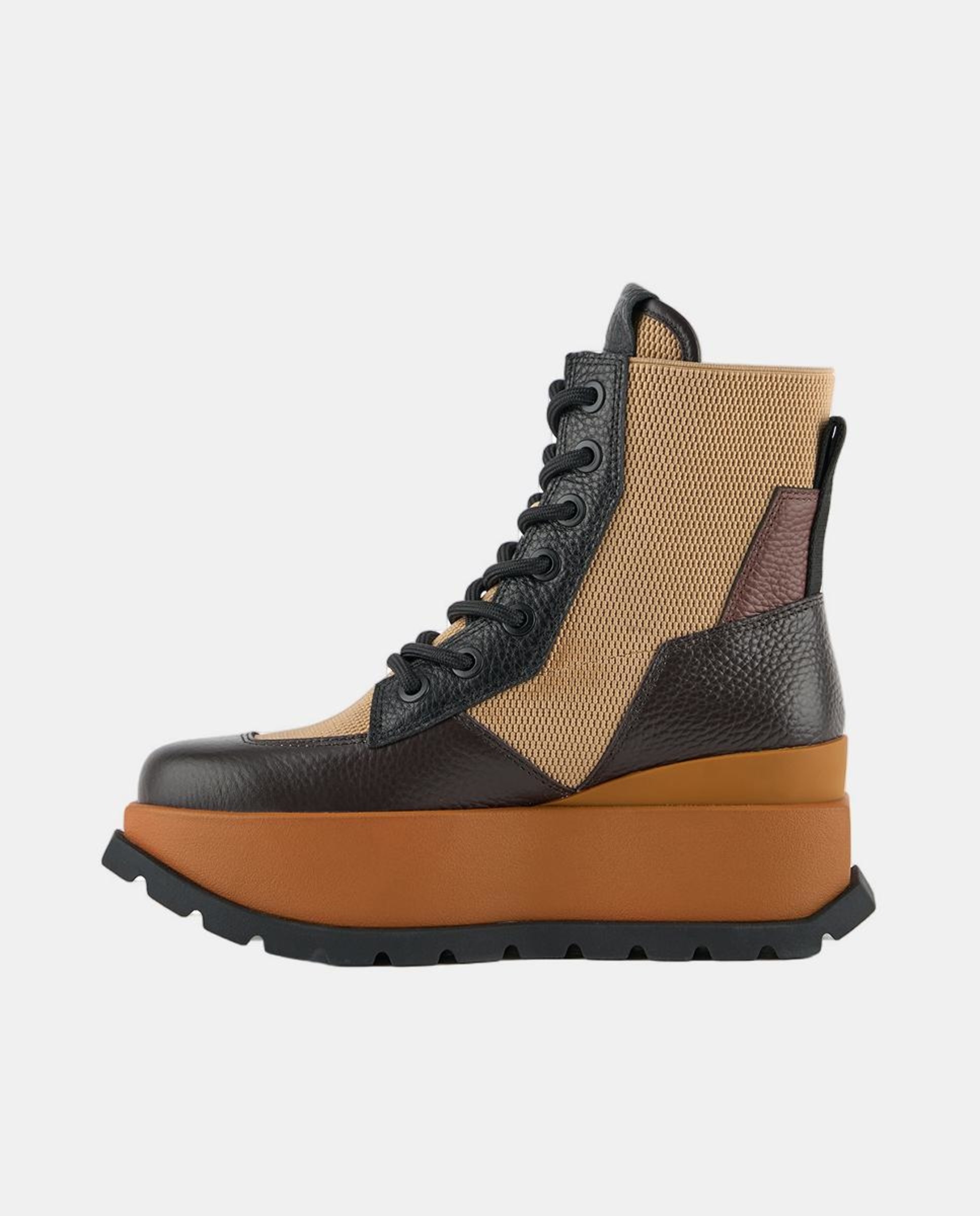 Botins Desportivos de Estilo Militar, com Detalhes em Pele e Lona, Atacadores e Fecho de Correr Lateral e Plataforma Castanho-6