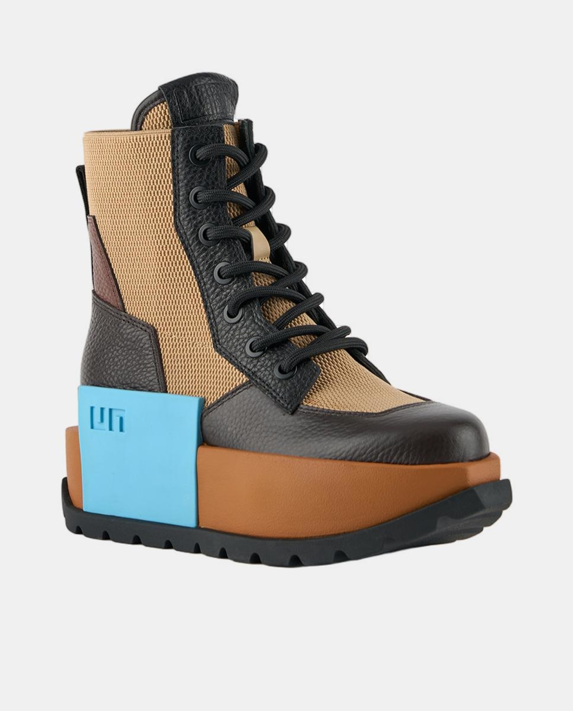 Botins Desportivos de Estilo Militar, com Detalhes em Pele e Lona, Atacadores e Fecho de Correr Lateral e Plataforma Castanho-4