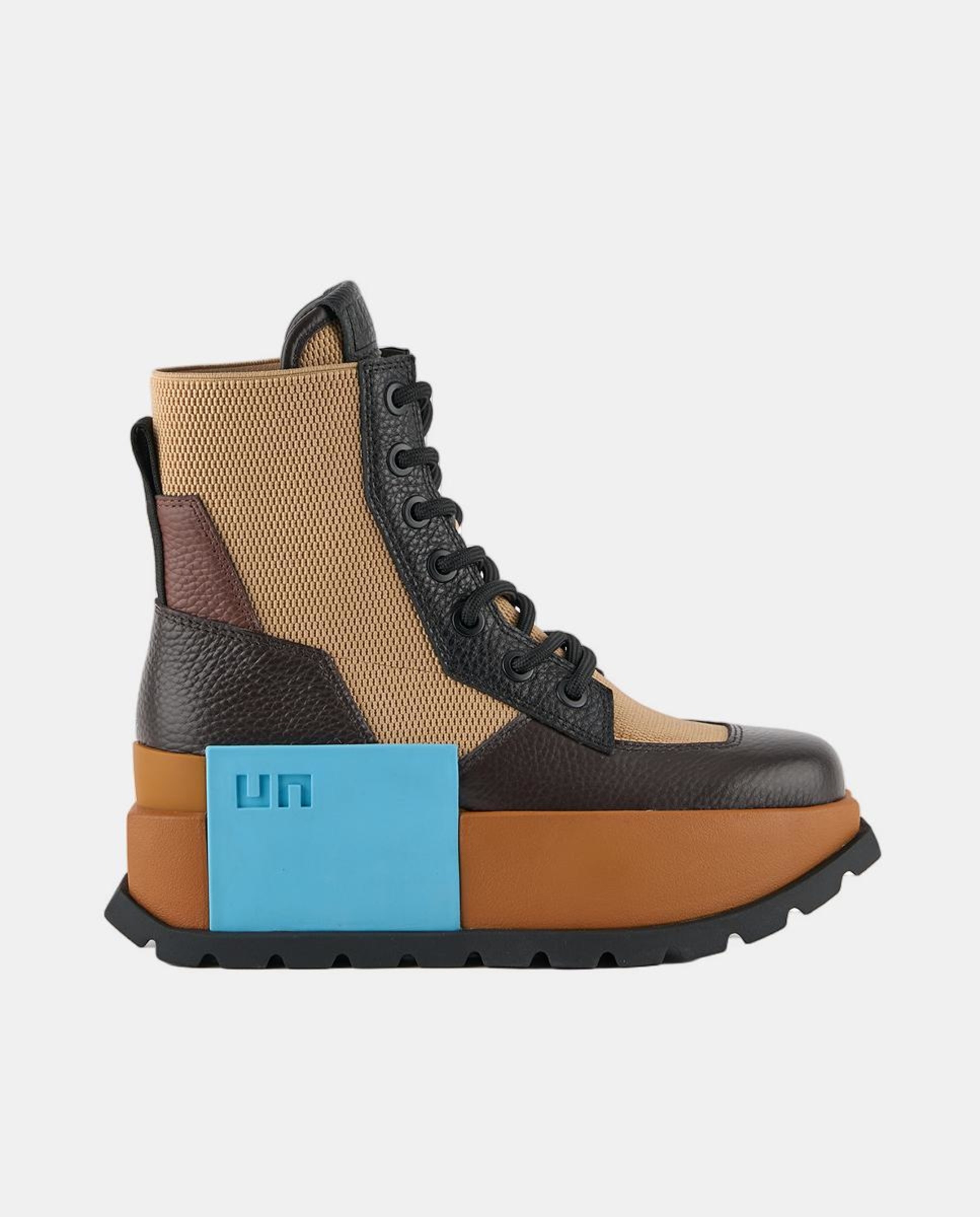 Botins Desportivos de Estilo Militar, com Detalhes em Pele e Lona, Atacadores e Fecho de Correr Lateral e Plataforma Castanho-1