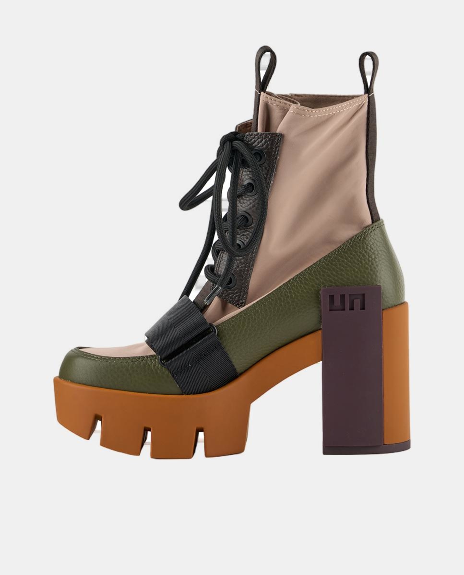 Botins Desportivos com Plataforma e Salto Combinado em Pele e Têxtil Verde-militar-6