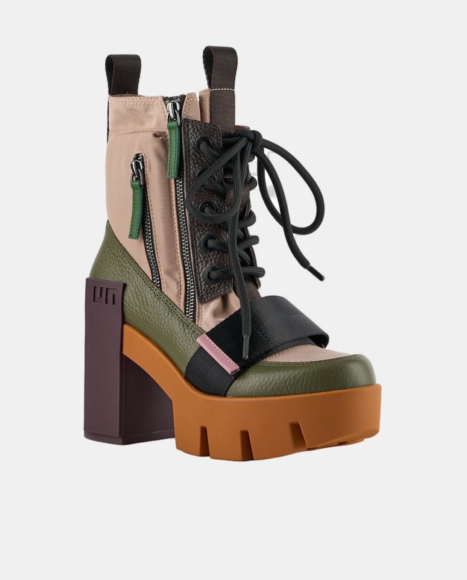 Botins Desportivos com Plataforma e Salto Combinado em Pele e Têxtil Verde-militar-4