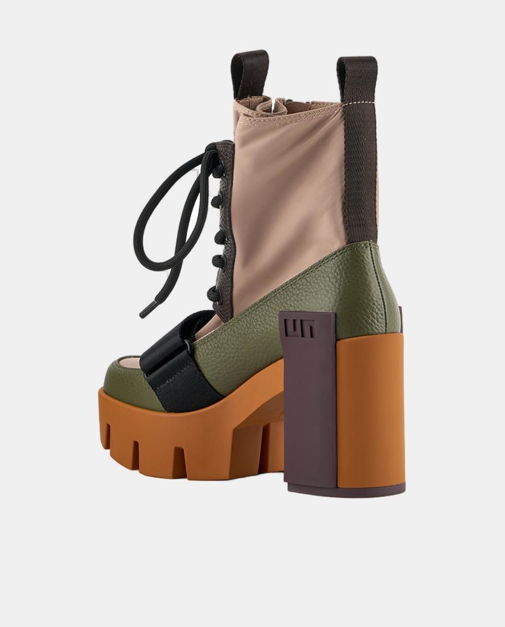 Botins Desportivos com Plataforma e Salto Combinado em Pele e Têxtil Verde-militar-3