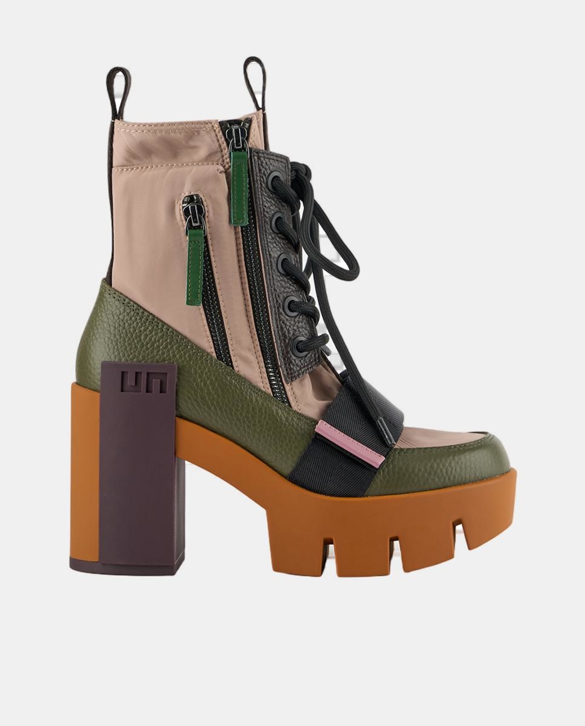 Botins Desportivos com Plataforma e Salto Combinado em Pele e Têxtil Verde-militar-1