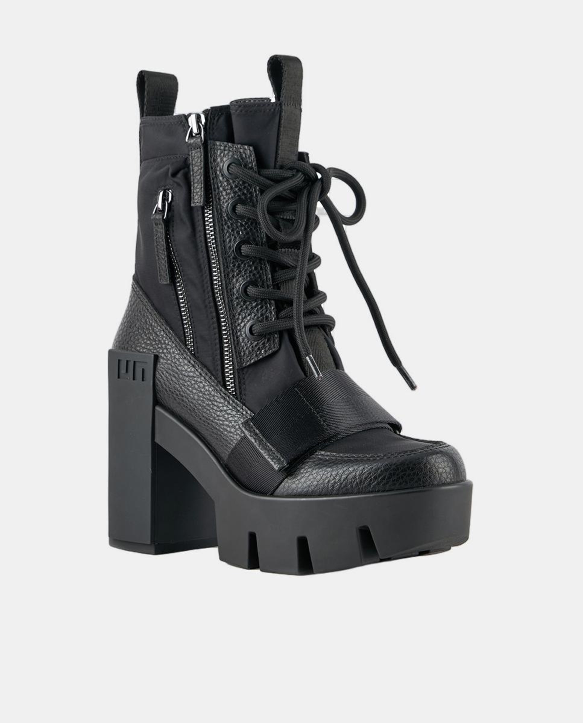 Botins Desportivos de Estilo Militar em Pele e Nylon com Atacadores e Fecho de Correr Preto-2
