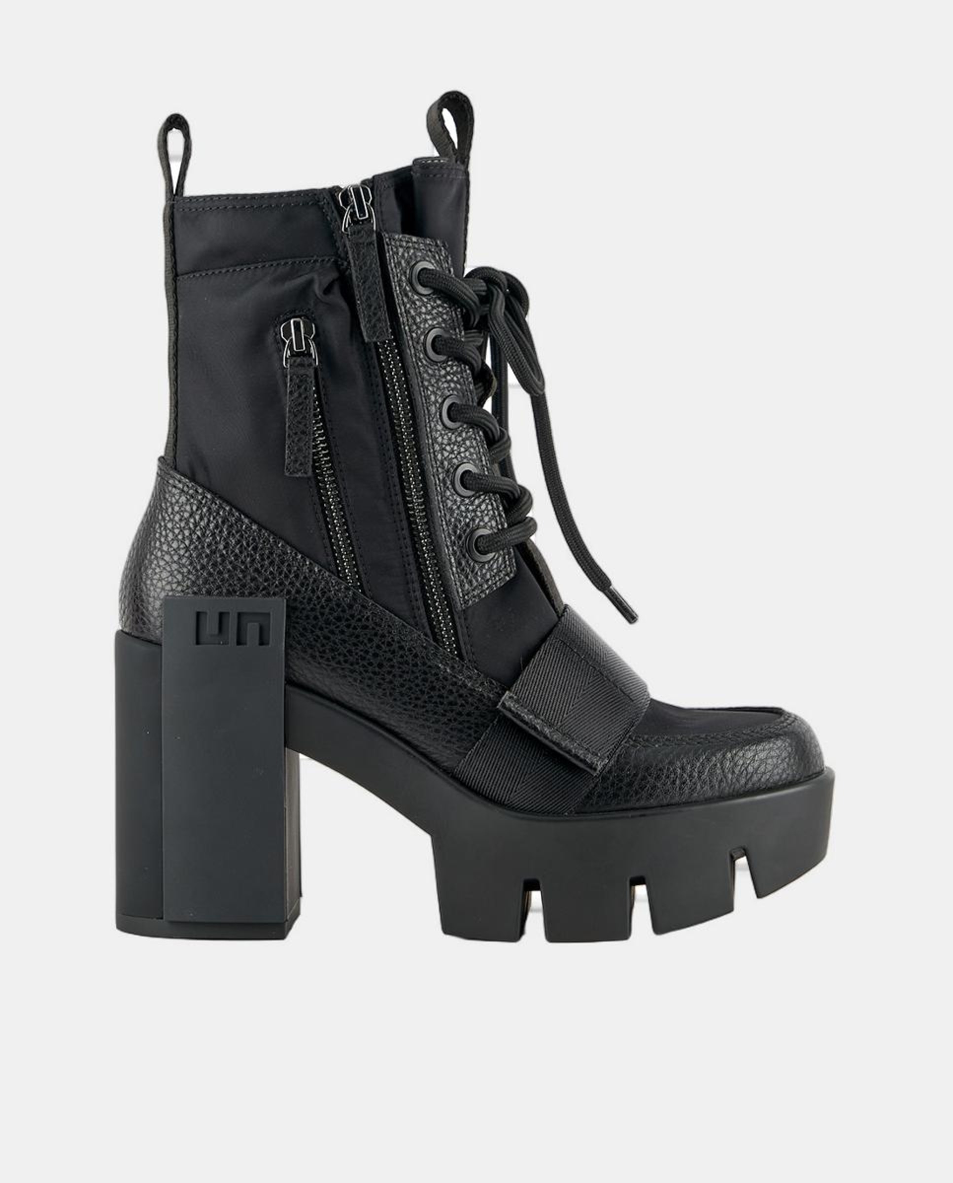 Botins Desportivos de Estilo Militar em Pele e Nylon com Atacadores e Fecho de Correr Preto-1