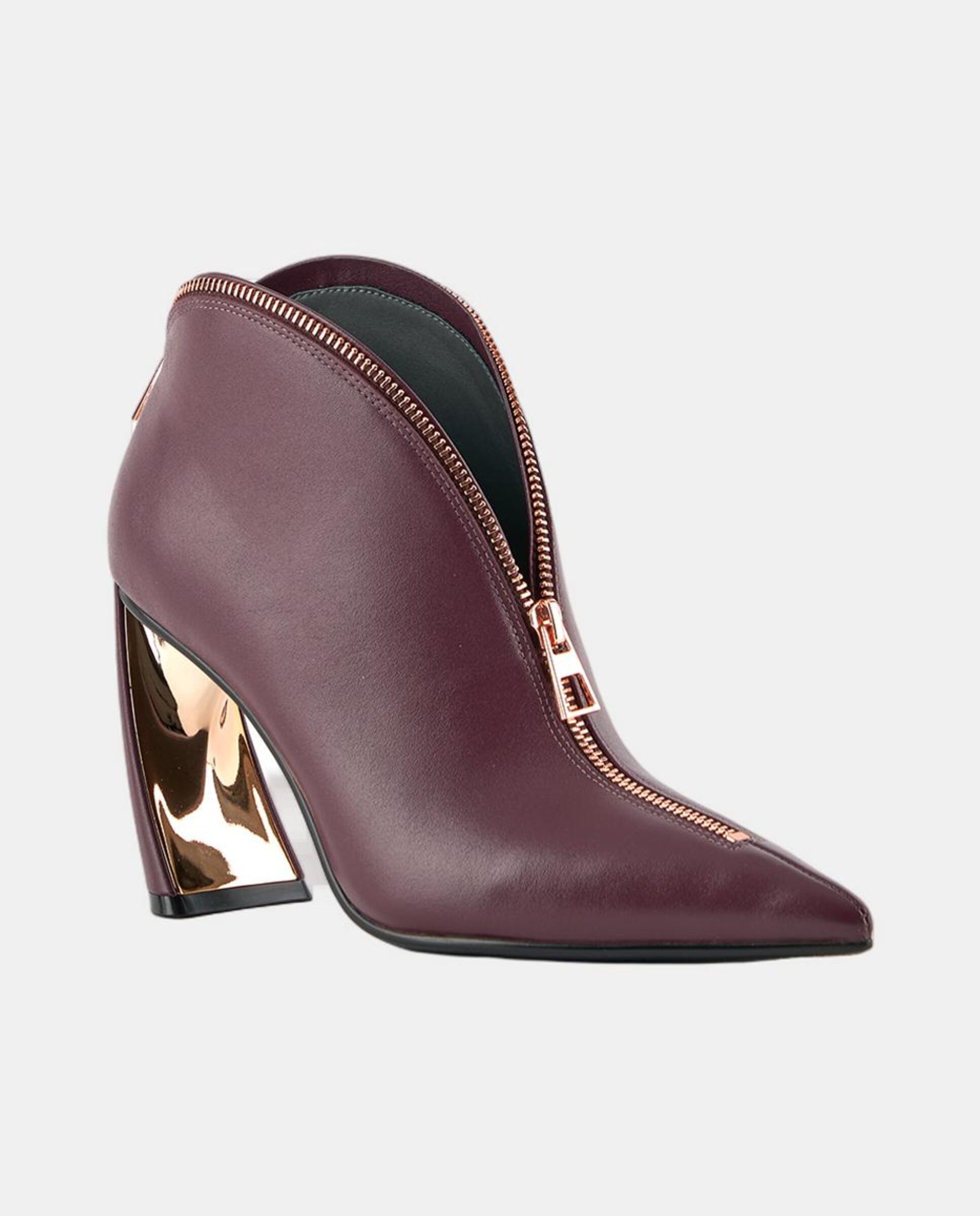 Sapatos Tipo Botins Elegantes em Pele com Fecho de Correr e Salto Exclusivo Beringela-2
