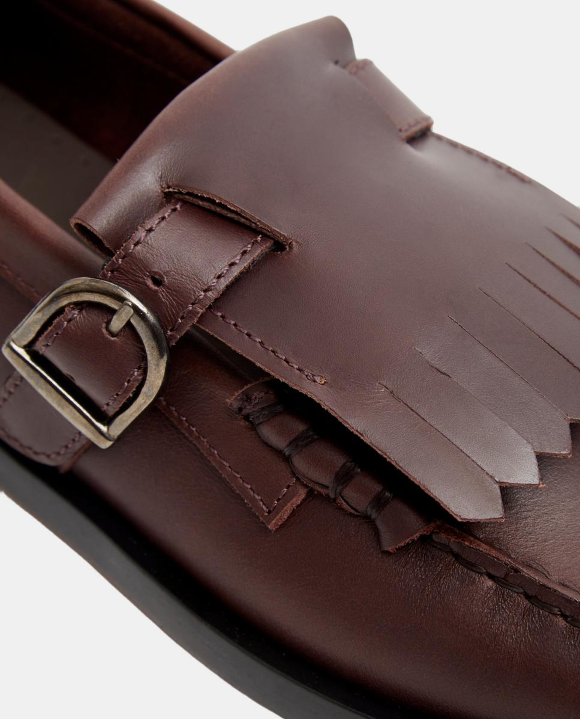 Mocassins em Pele com Fivela e Biqueira Quadrada Castanho-5