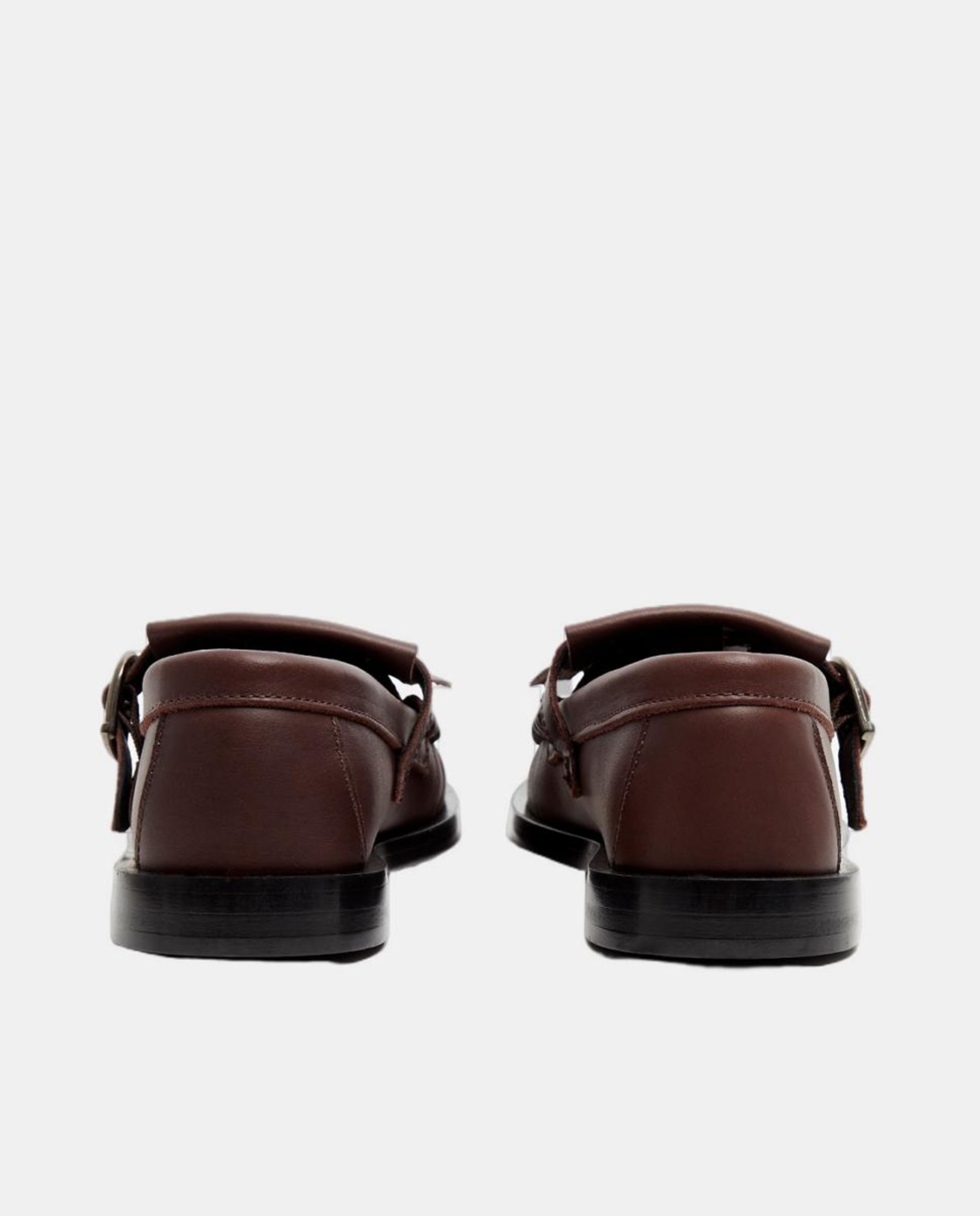 Mocassins em Pele com Fivela e Biqueira Quadrada Castanho-4