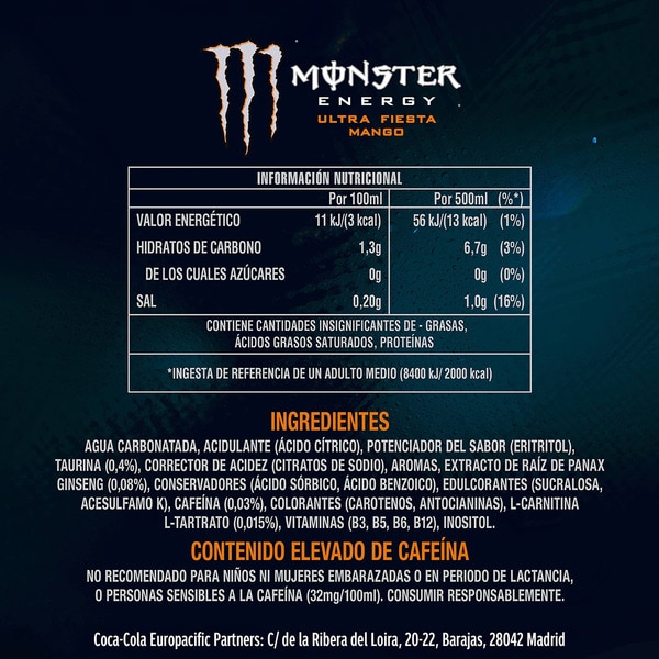 Ultra Fiesta Mango Energydrink Mangogeschmack mit Taurin und Ginseng Dose 50 cl