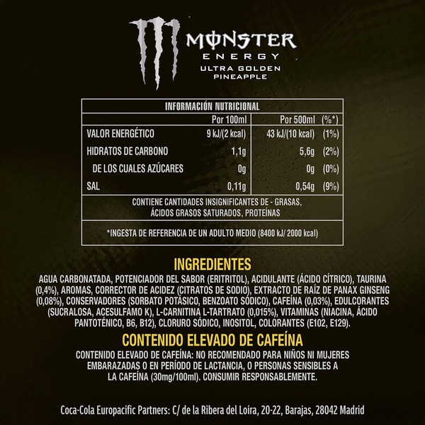 Energydrink mit Taurin und Ginseng Reserve Ultra Gold Zero Zucker Ananasgeschmack Dose 50 cl