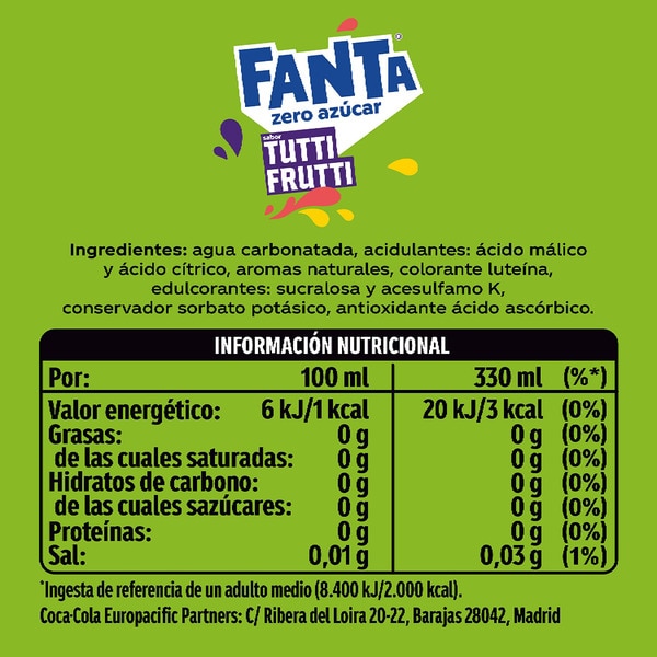 tutti frutti flavour soft drink with gas no sugars tin 33 cl