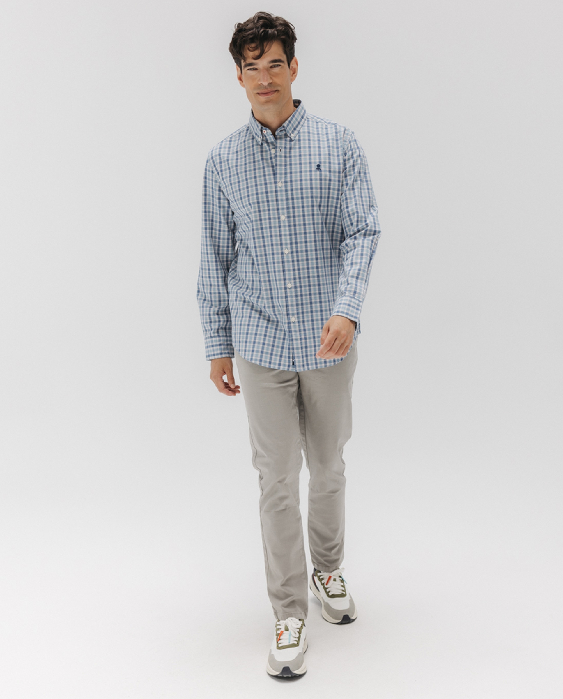 Camisa aos Quadrados de Popelina com Colarinho com Botão Azul-6