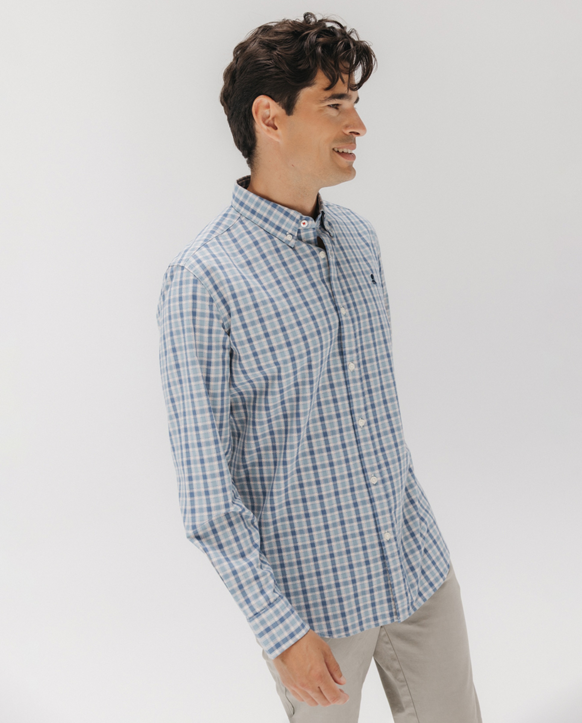 Camisa aos Quadrados de Popelina com Colarinho com Botão Azul-4