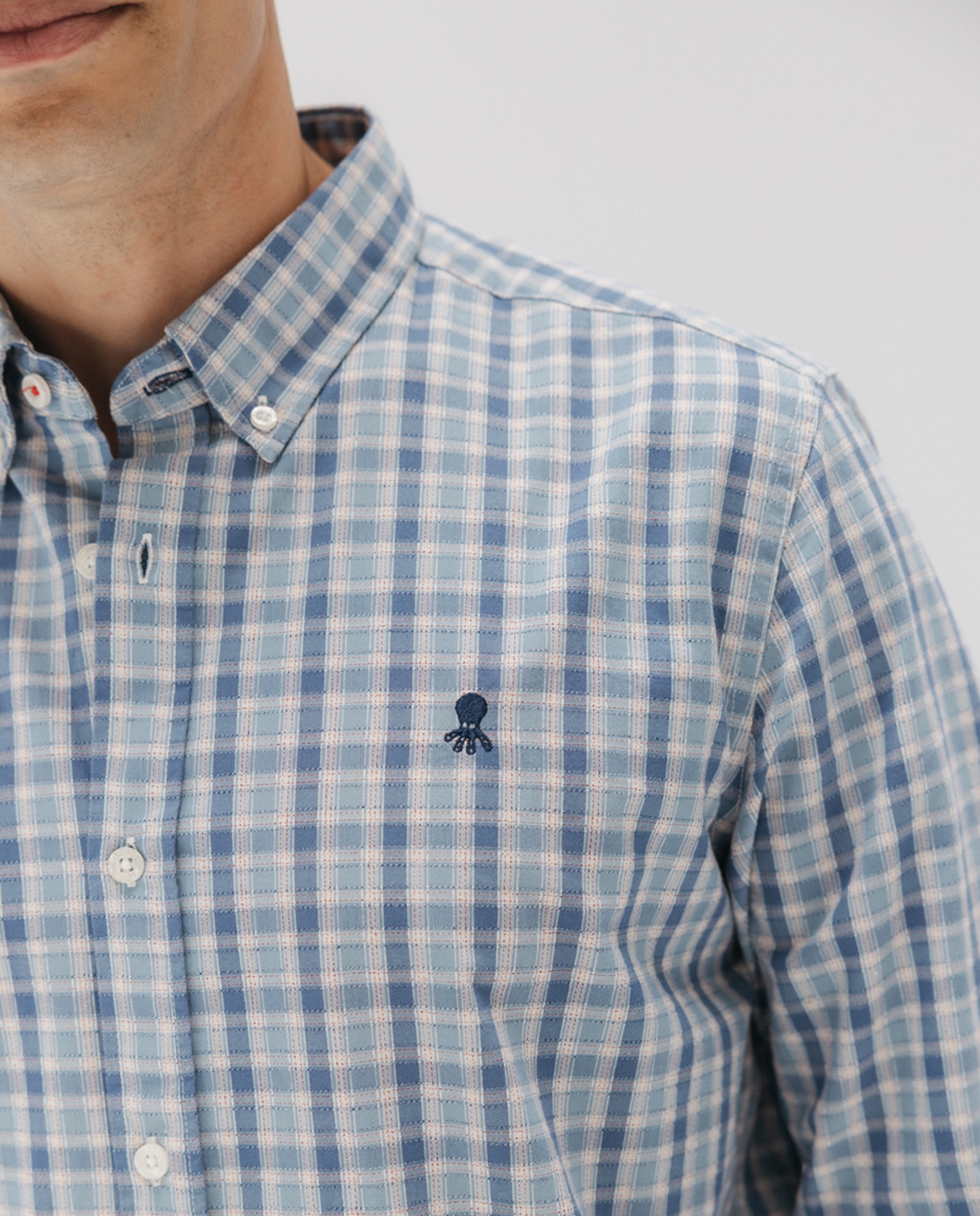 Camisa aos Quadrados de Popelina com Colarinho com Botão Azul-3