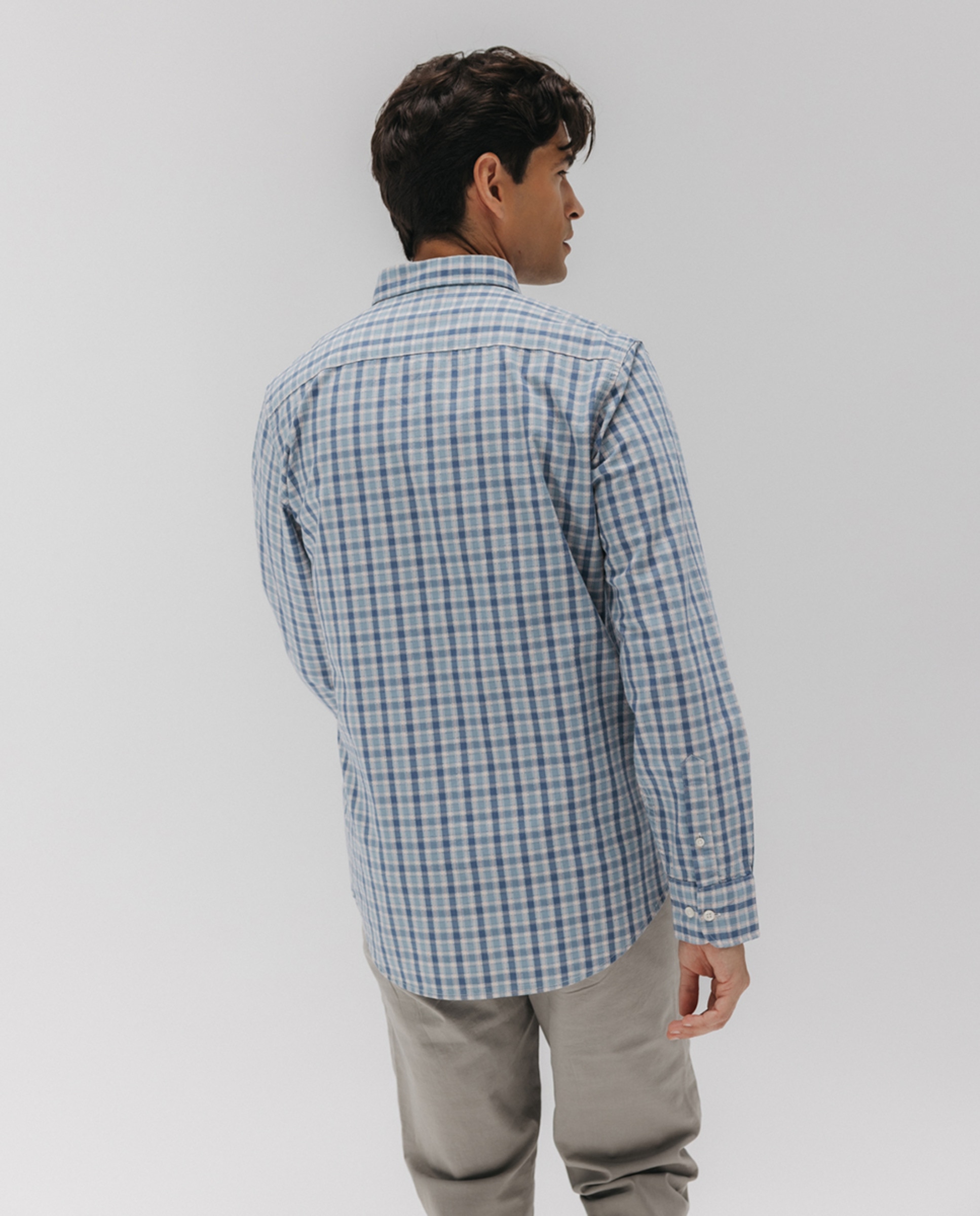 Camisa aos Quadrados de Popelina com Colarinho com Botão Azul-2