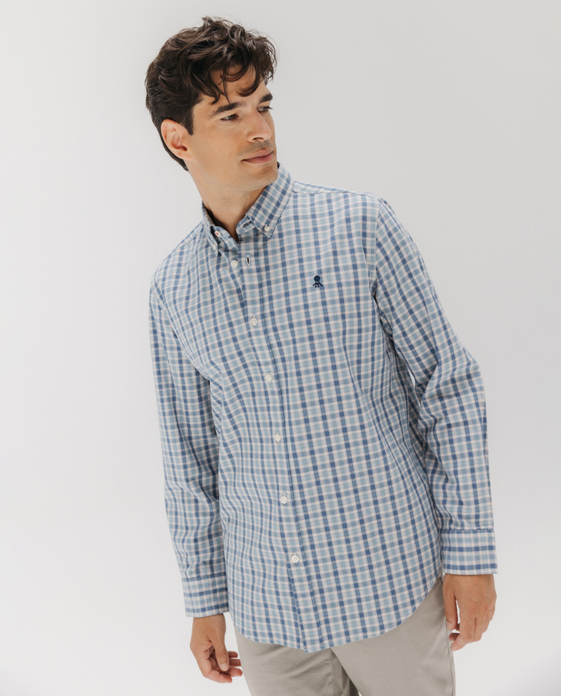 Camisa aos Quadrados de Popelina com Colarinho com Botão Azul-1