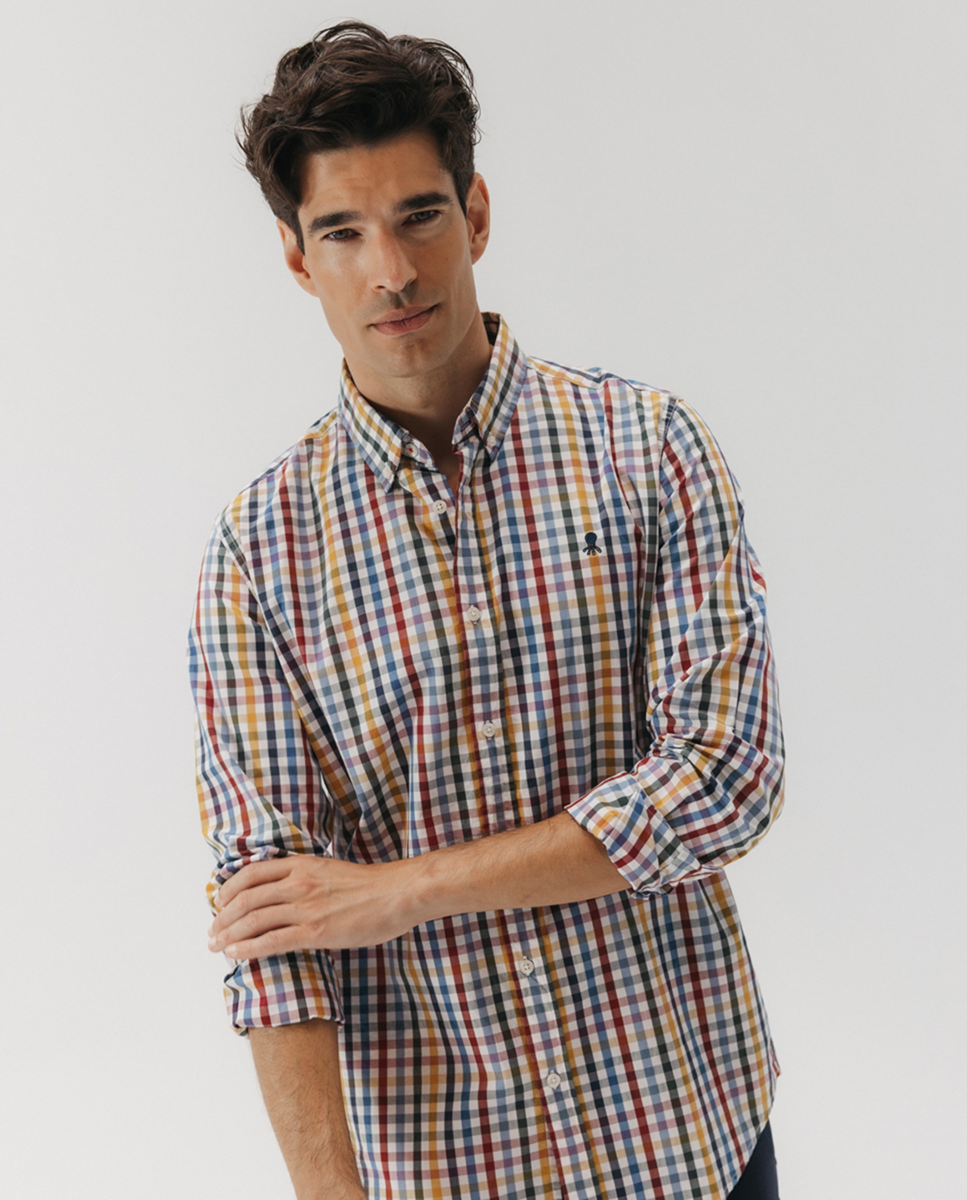 Camisa aos Quadrados de Popelina com Colarinho com Botão Multicolor-3