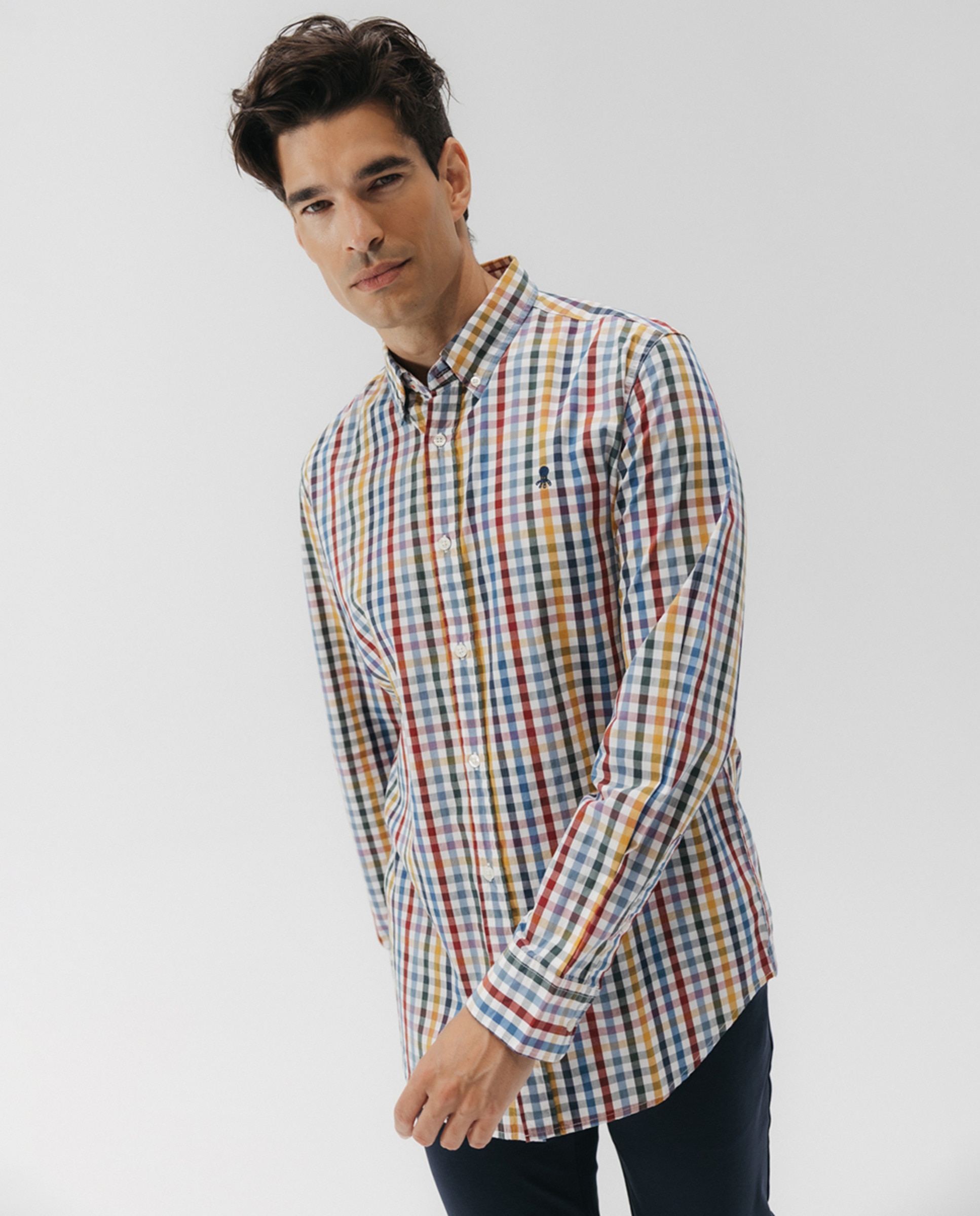 Camisa aos Quadrados de Popelina com Colarinho com Botão Multicolor-1