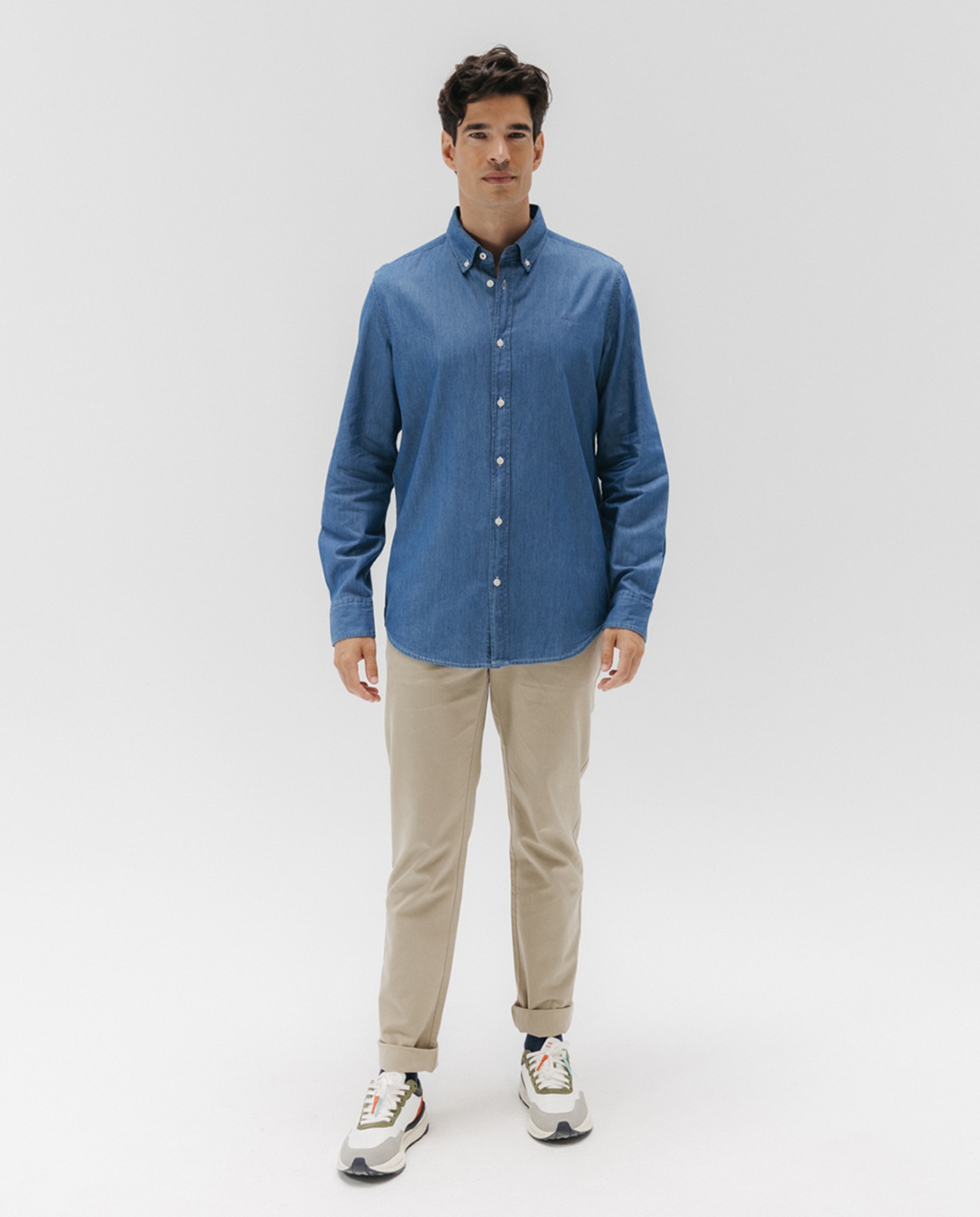 Camisa em Tecido de Ganga com Colarinho com Botão Azul-índigo-7