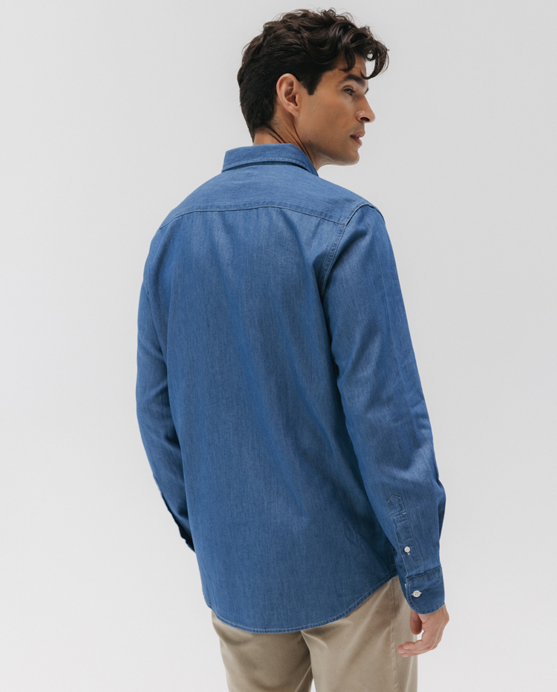 Camisa em Tecido de Ganga com Colarinho com Botão Azul-índigo-2