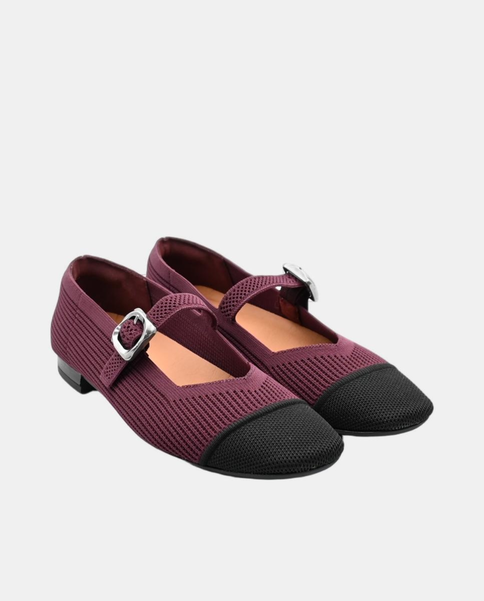 Sapatos de Presilha Rasos em Material Elástico Vermelho/Grená-2