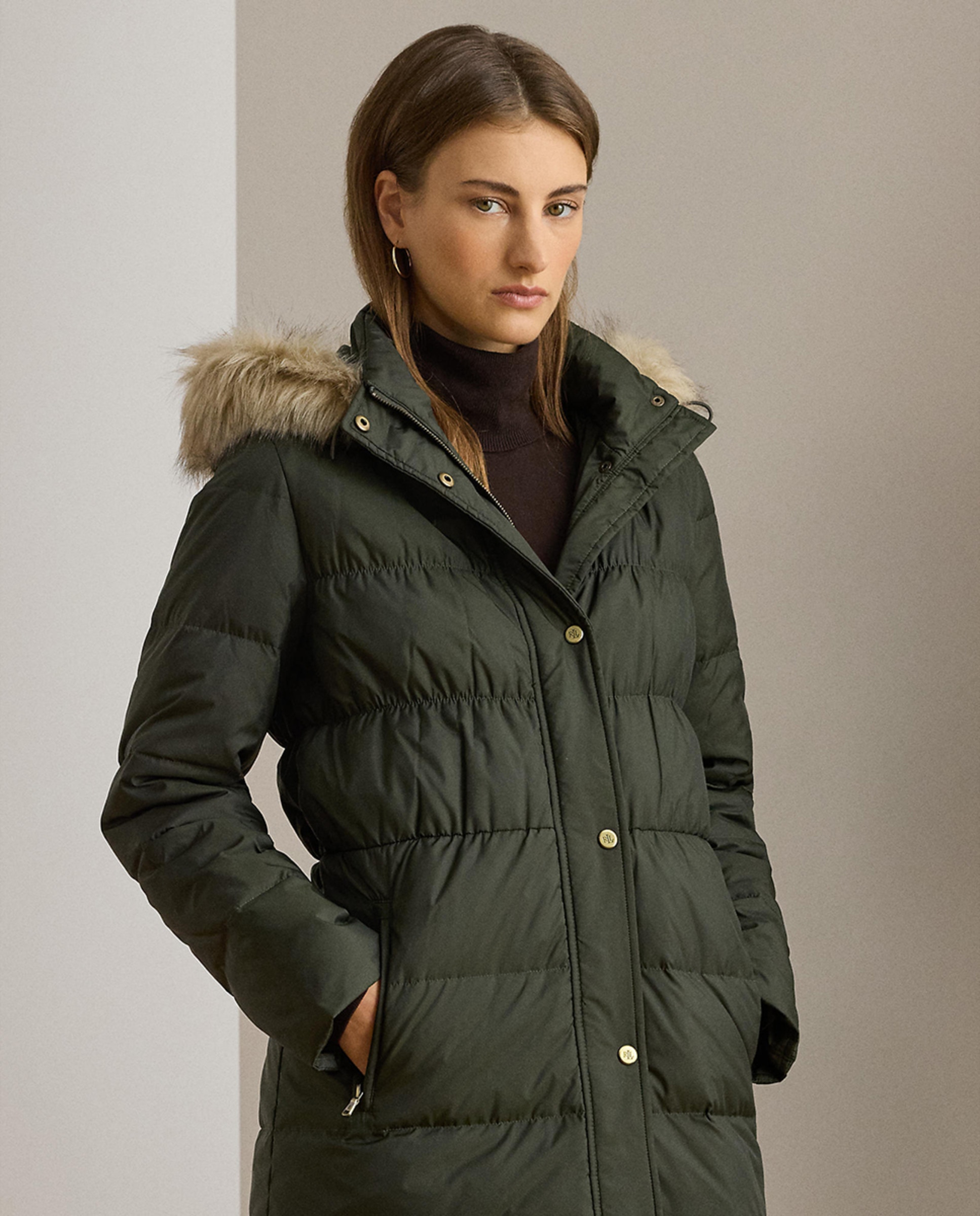 Blusão Acolchoado Extra Comprido com Capuz Verde pardo-4