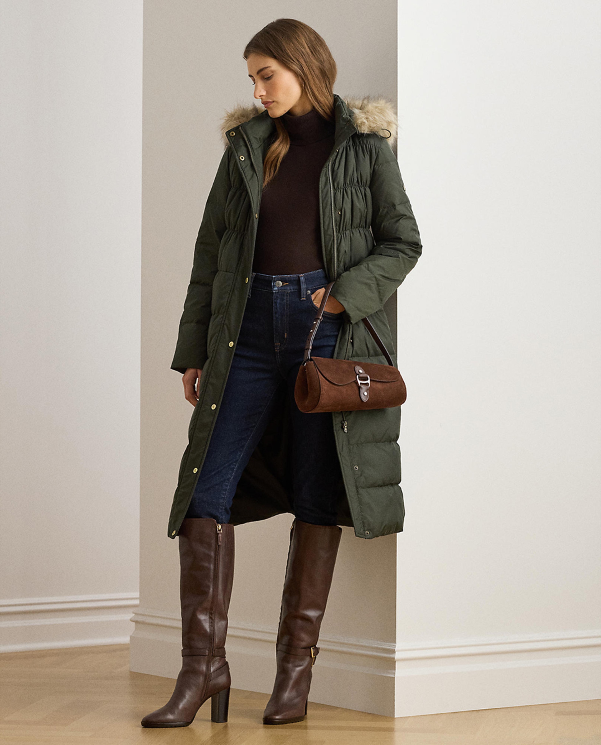 Blusão Acolchoado Extra Comprido com Capuz Verde pardo-1