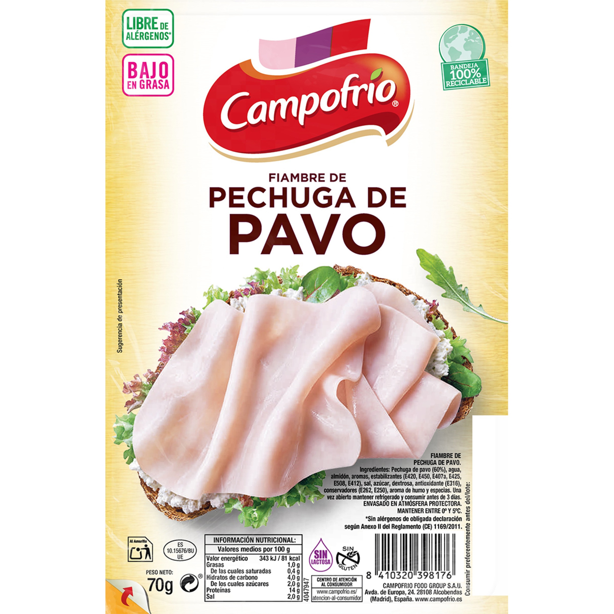 fiambre de pechuga de pavo bajo en grasa en lonchas sin gluten sin lactosa envase 70 g
