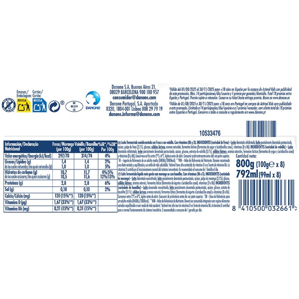 Kids L. Casei strawberry and vanilla gluten-free 6-pack units 100 g + 2 free