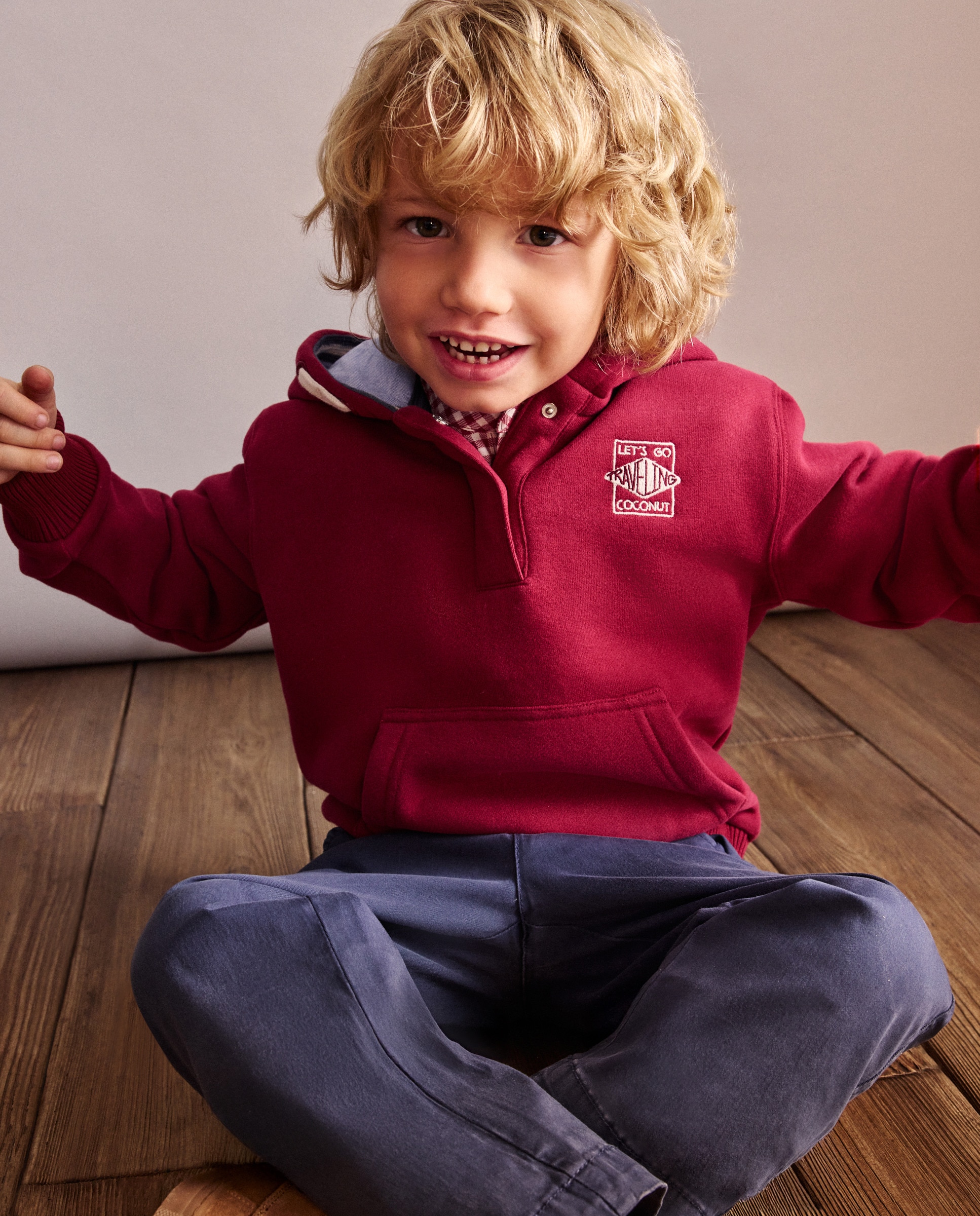 Sweatshirt com Capuz Oxford, Carcela e Estampado de Fantasia Bordeaux-1