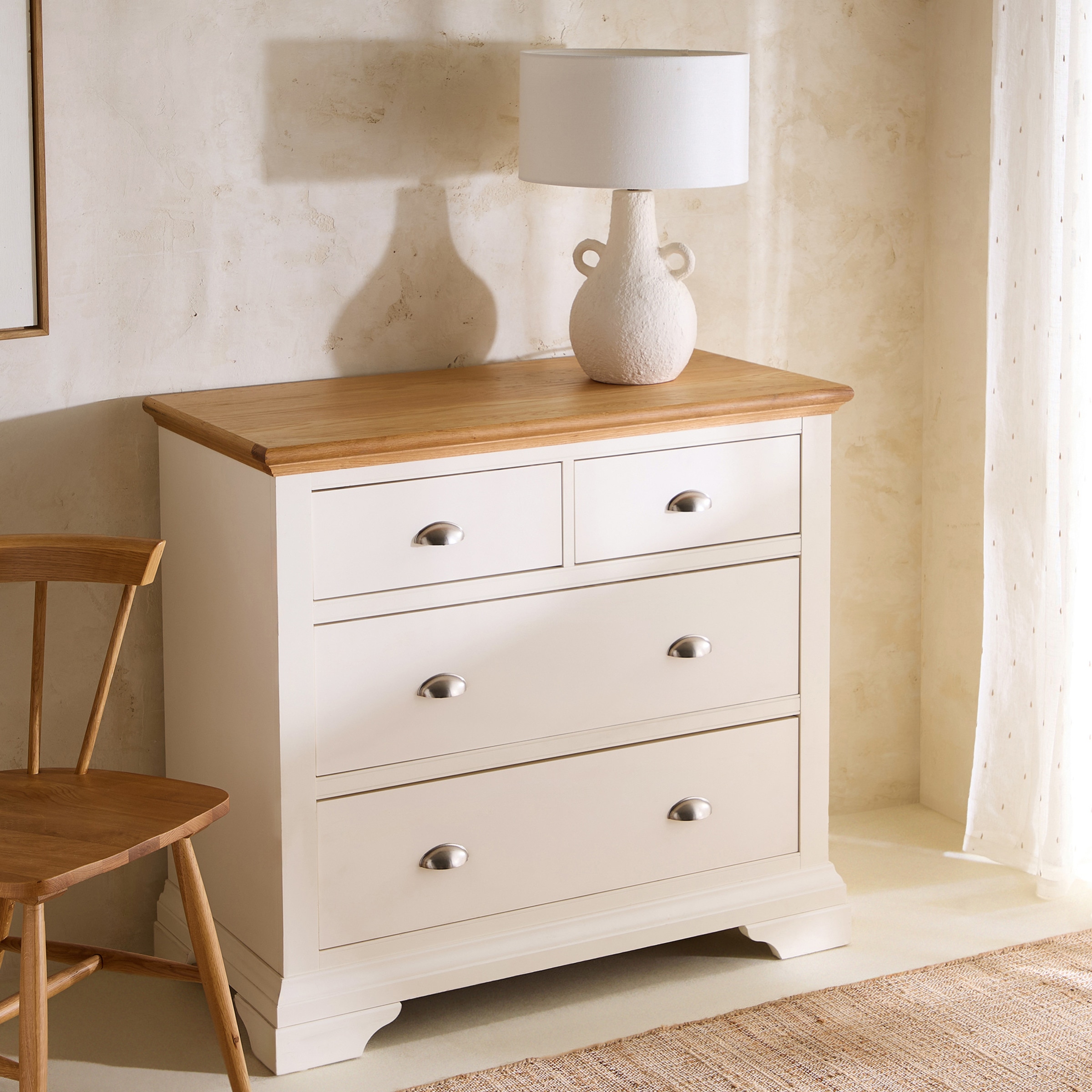 Cómoda de Carvalho com 4 Gavetas Hampstead Branco-Marfim/Carvalho-1
