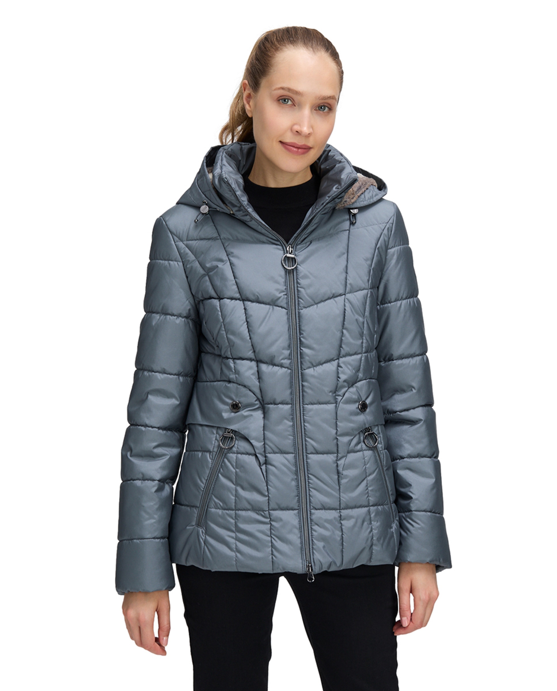 Blusão Acolchoado com Capuz de Pelo Desmontável Azul-1