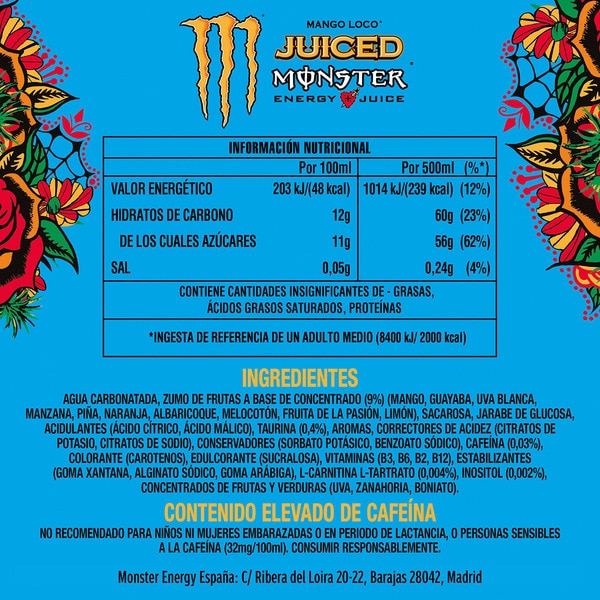 Mango Loco Energydrink mit Taurin und Ginseng 4er-Pack Dosen 50 cl