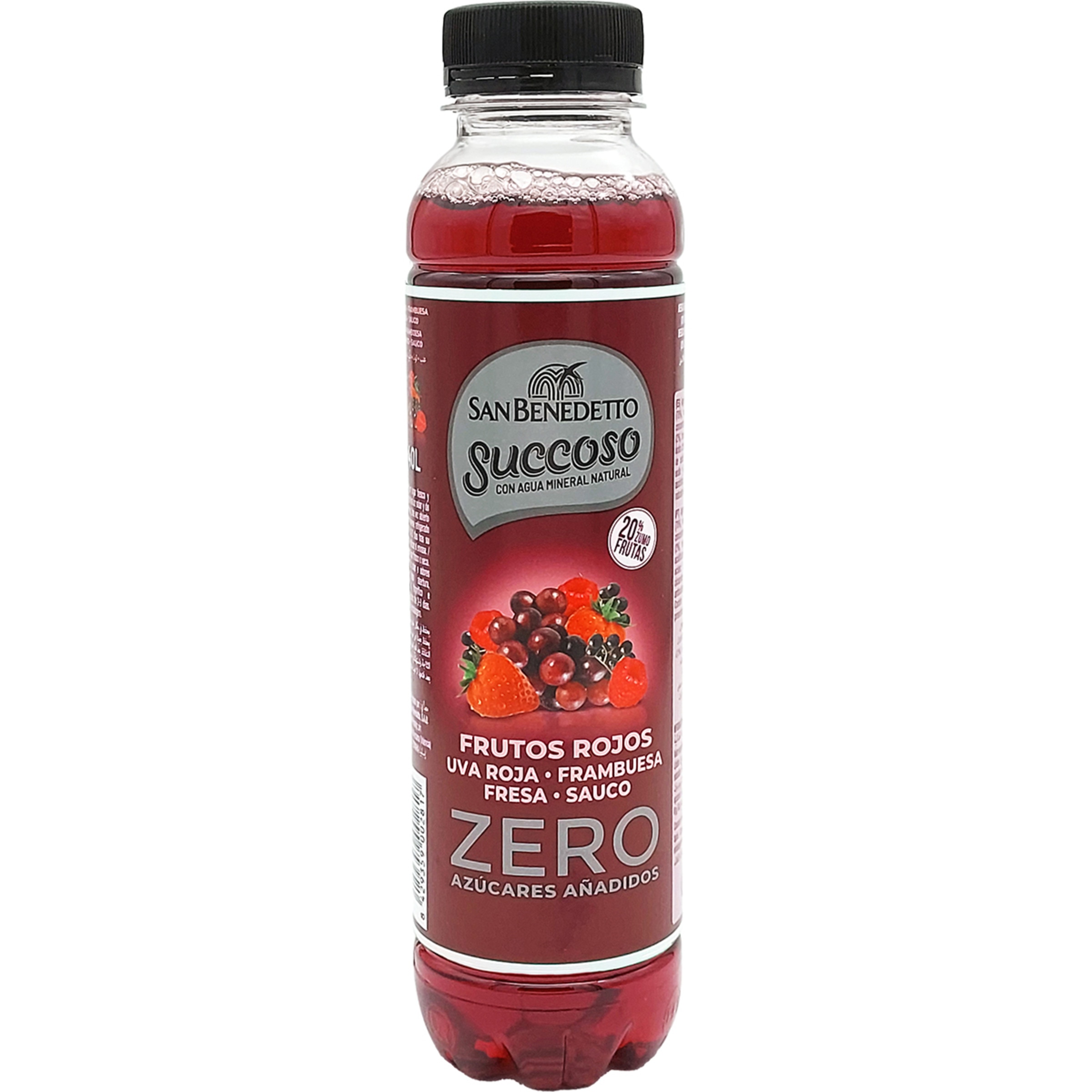 agua mineral natural con zumo de Frutos Rojos Zero azúcares añadidos botella 40 cl (uva, frambuesa, fresa, bayas de sauco)