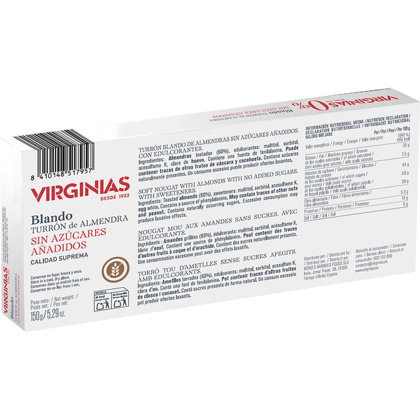 0% weicher Mandelturrón ohne Zuckerzusatz, Premiumqualität Tafel 150 g