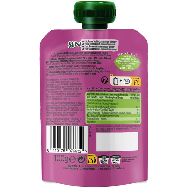 organic pear and raspberry pouch, gluten-free from 4 + months 100 g