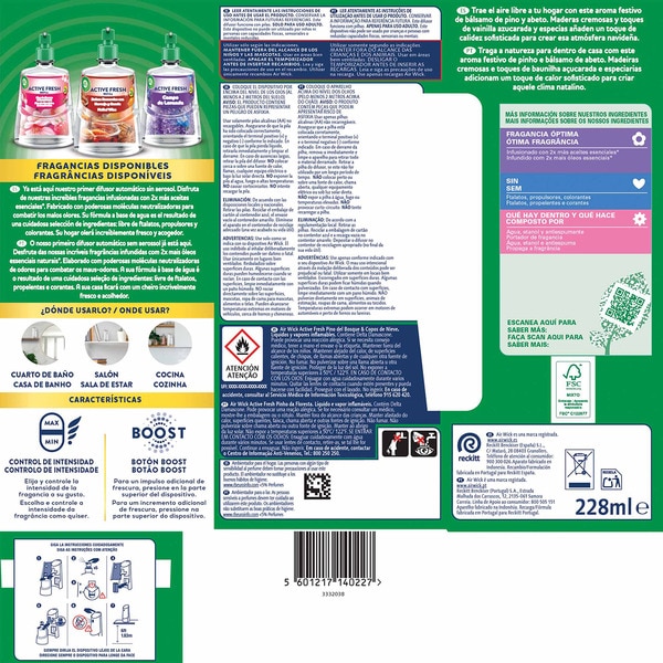 Lufterfrischer automatischer Diffuser Active Fresh Waldkiefer und Schneeflocken 24/7 Apparat + Nachfüllpackung ohne Aerosol mit ätherischen Ölen