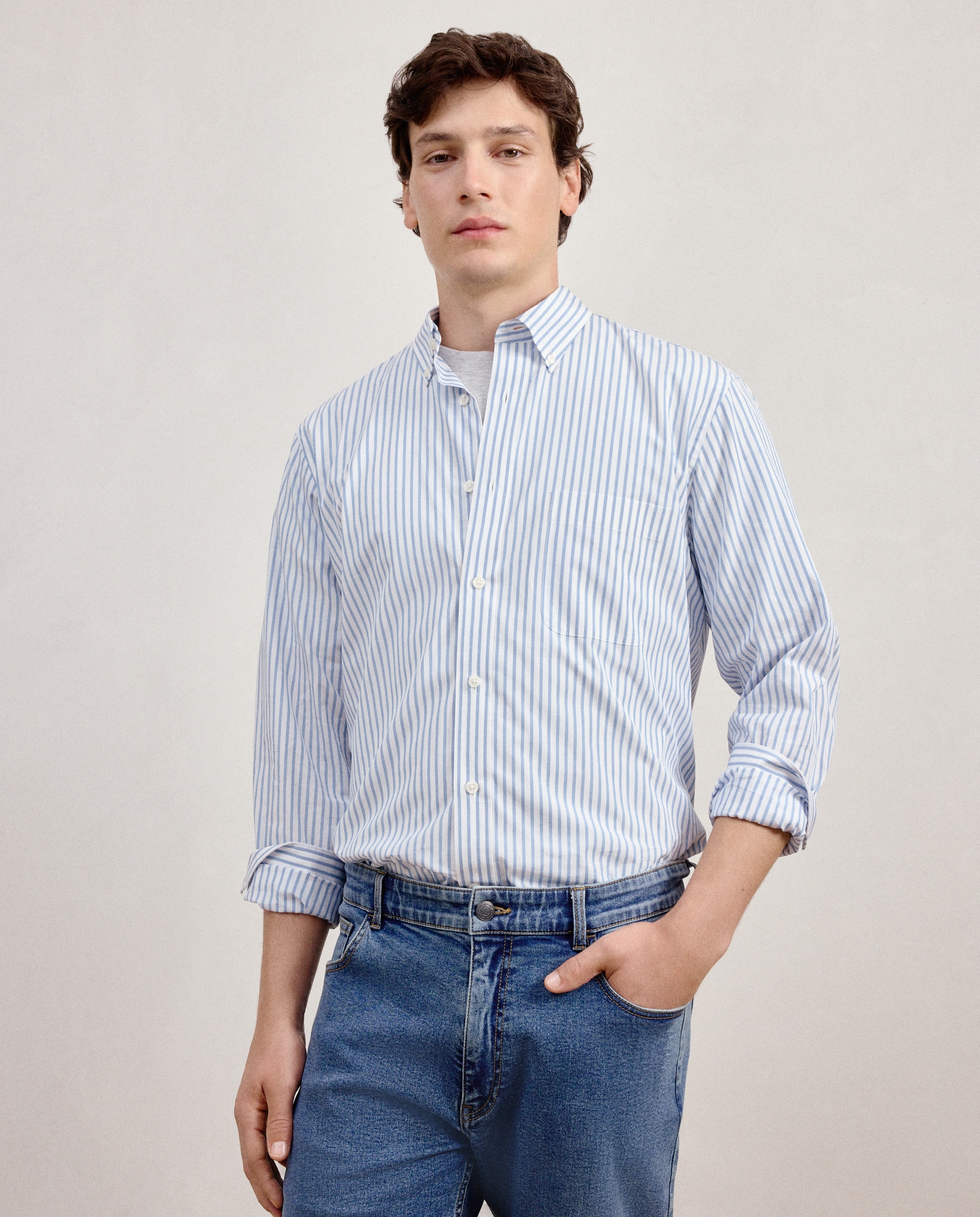 Camisa de Popelina com Padrão Clássico Azul-1