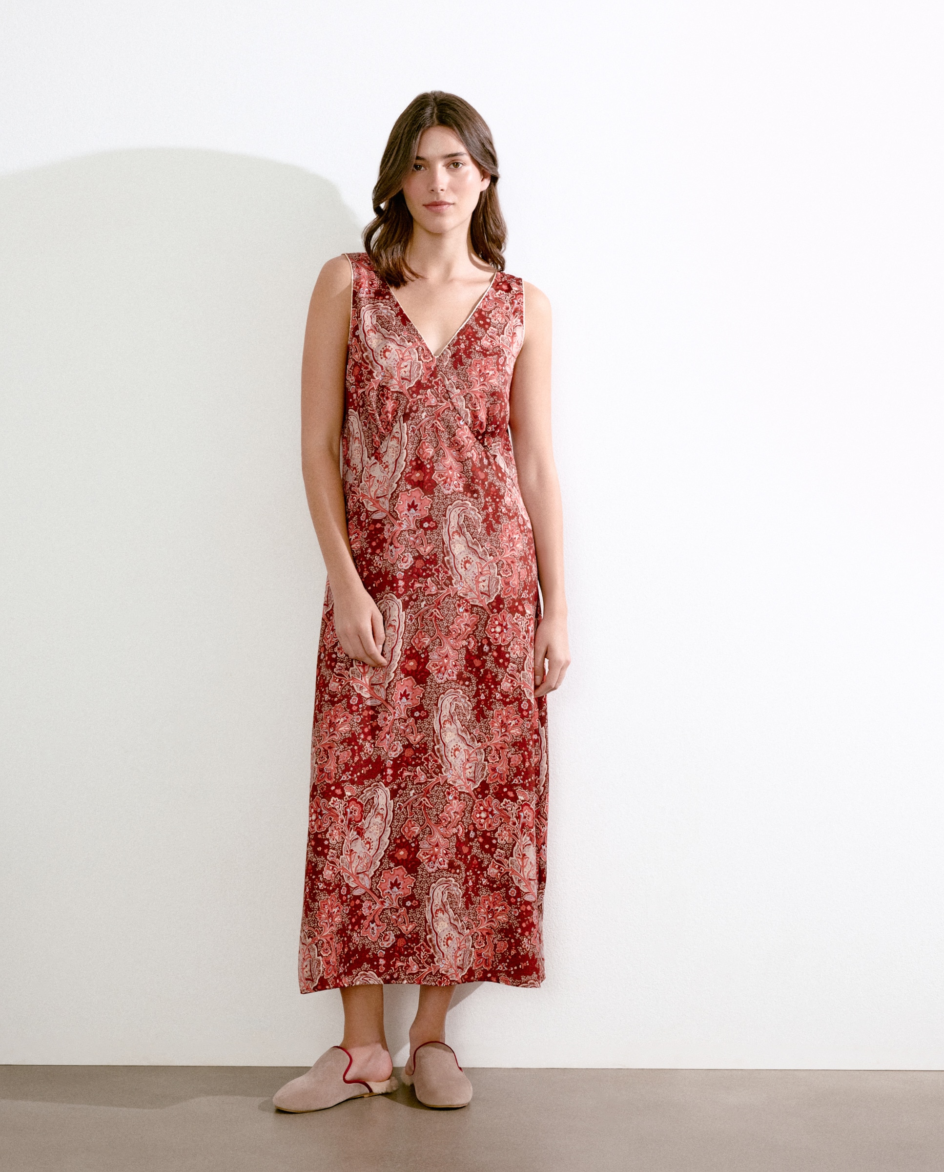 Camisa de Dormir Estampada sem Mangas Vermelho-1