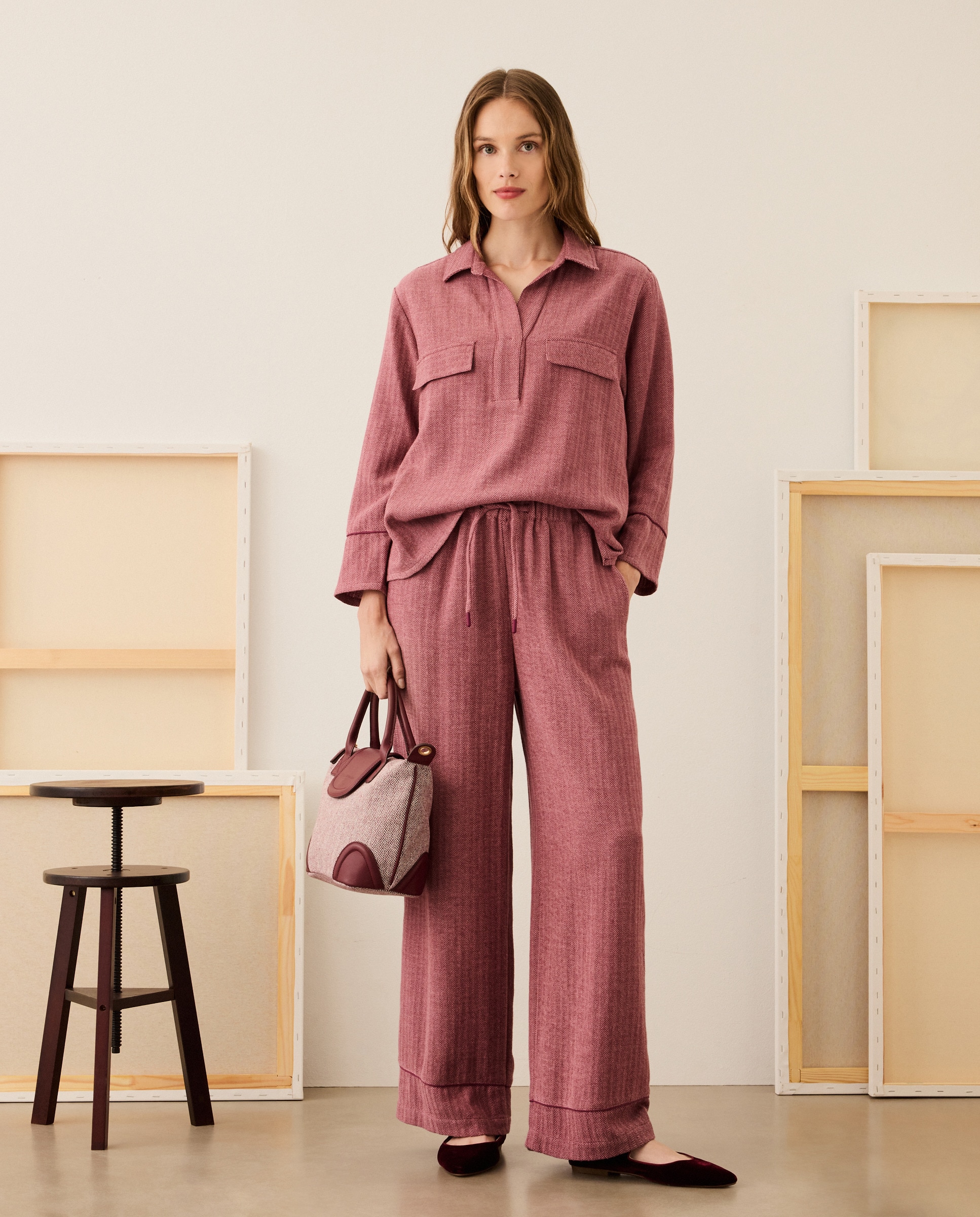 Calças de Padrão Espinha de Peixe Bordeaux-1