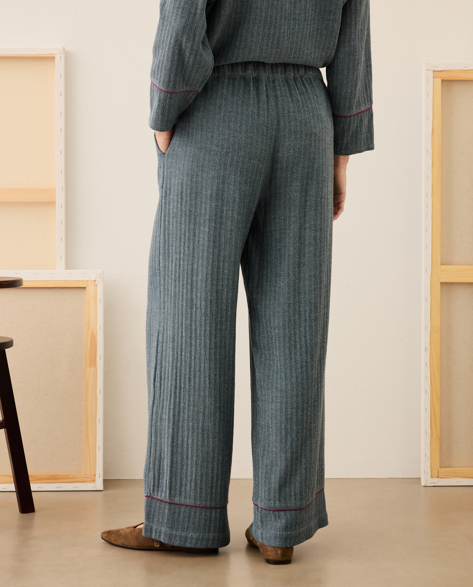 Calças de Padrão Espinha de Peixe 400 Azul-3